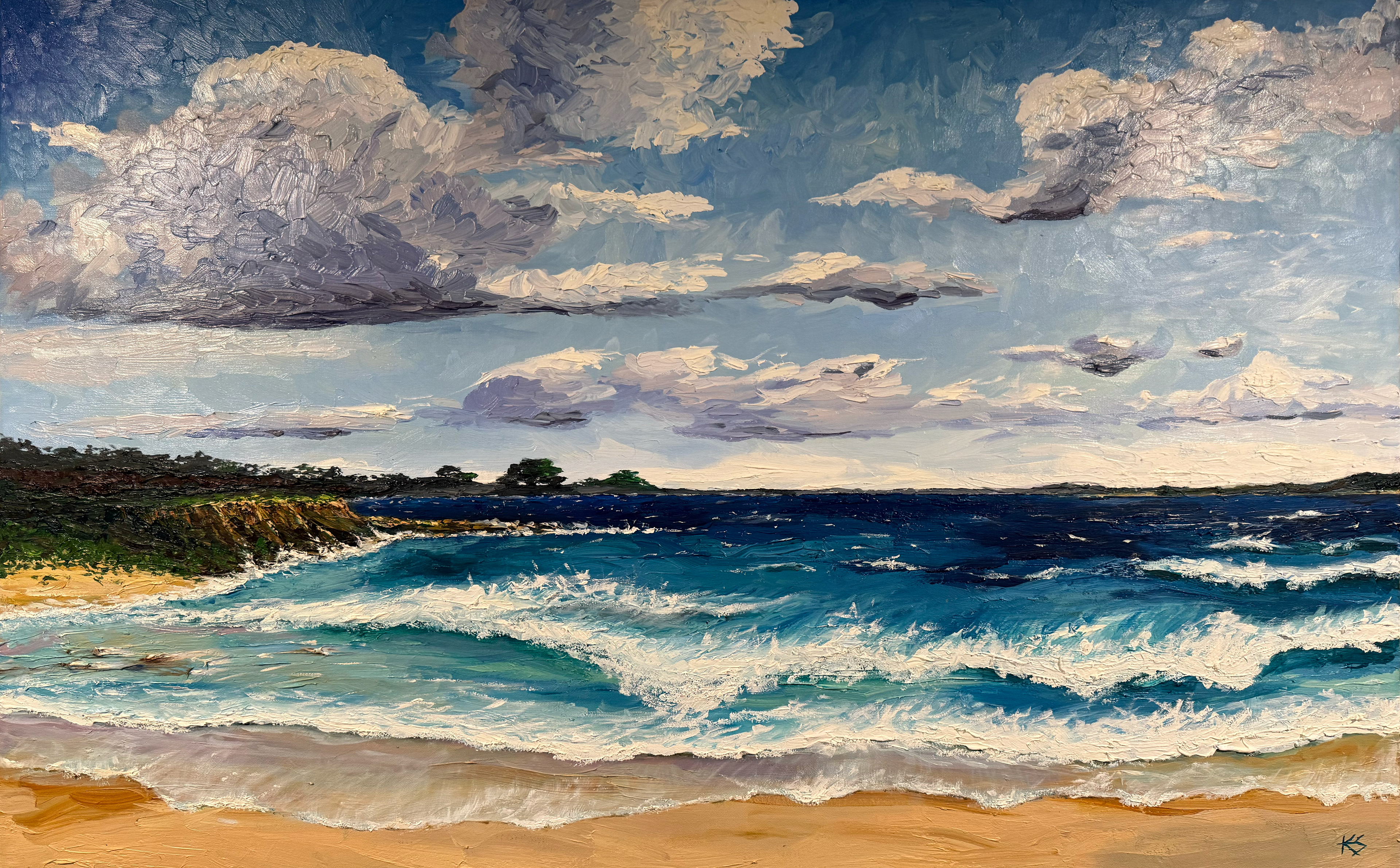 SOLD: $1200  • TITLE: California Coast • SIZE: 48 X 30 X 2 inches on stretched canvas • ARTIST: Original Oil Painting by Karen Steenekamp