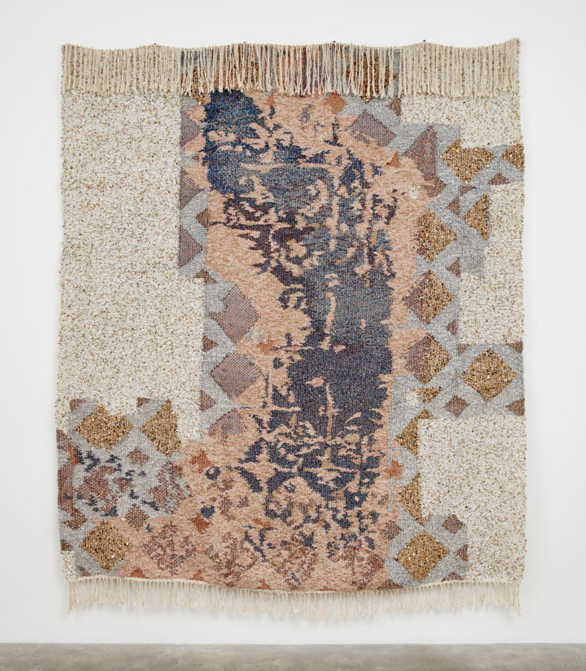 Igshaan Adams, RENTMEESTERIN (stewardess), 2021, wood, plastic, glass, shells, paint and stone beads, polyester and nylon rope, chain, fabric, cotton twine, 110 × 87 in (279.4 × 221 cm).