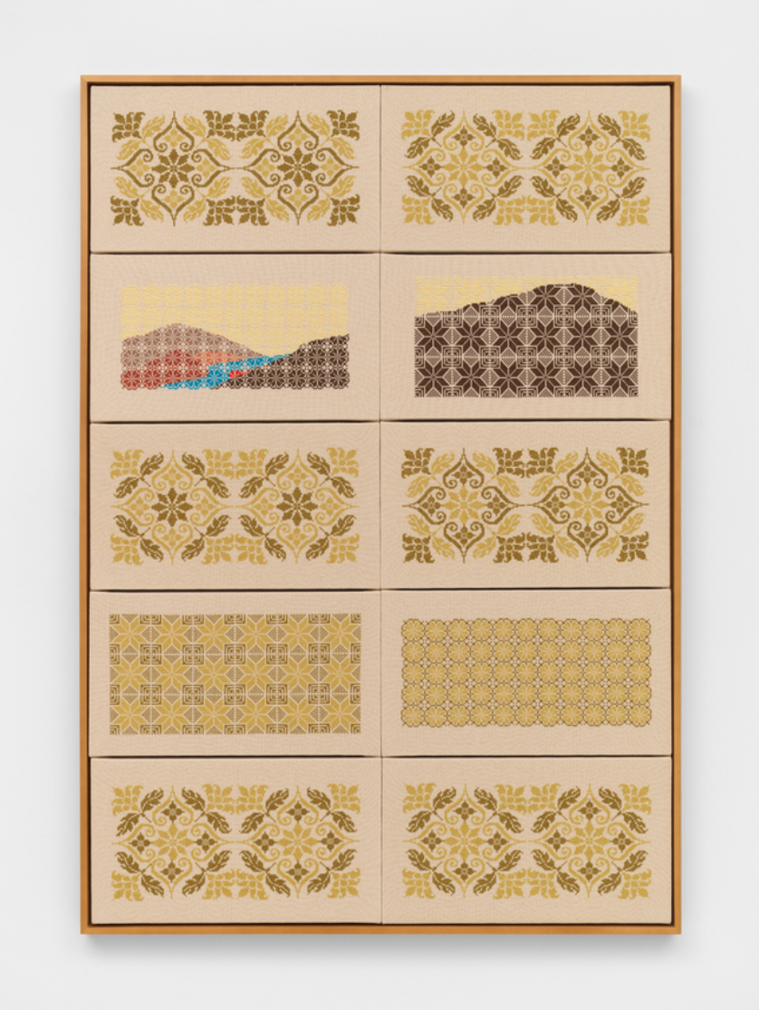 Jordan Nassar, Season of Return, 2023, hand-embroidered cotton on cotton, 60 × 42 × 1 in (152.4 × 106.7 × 2.5 cm).