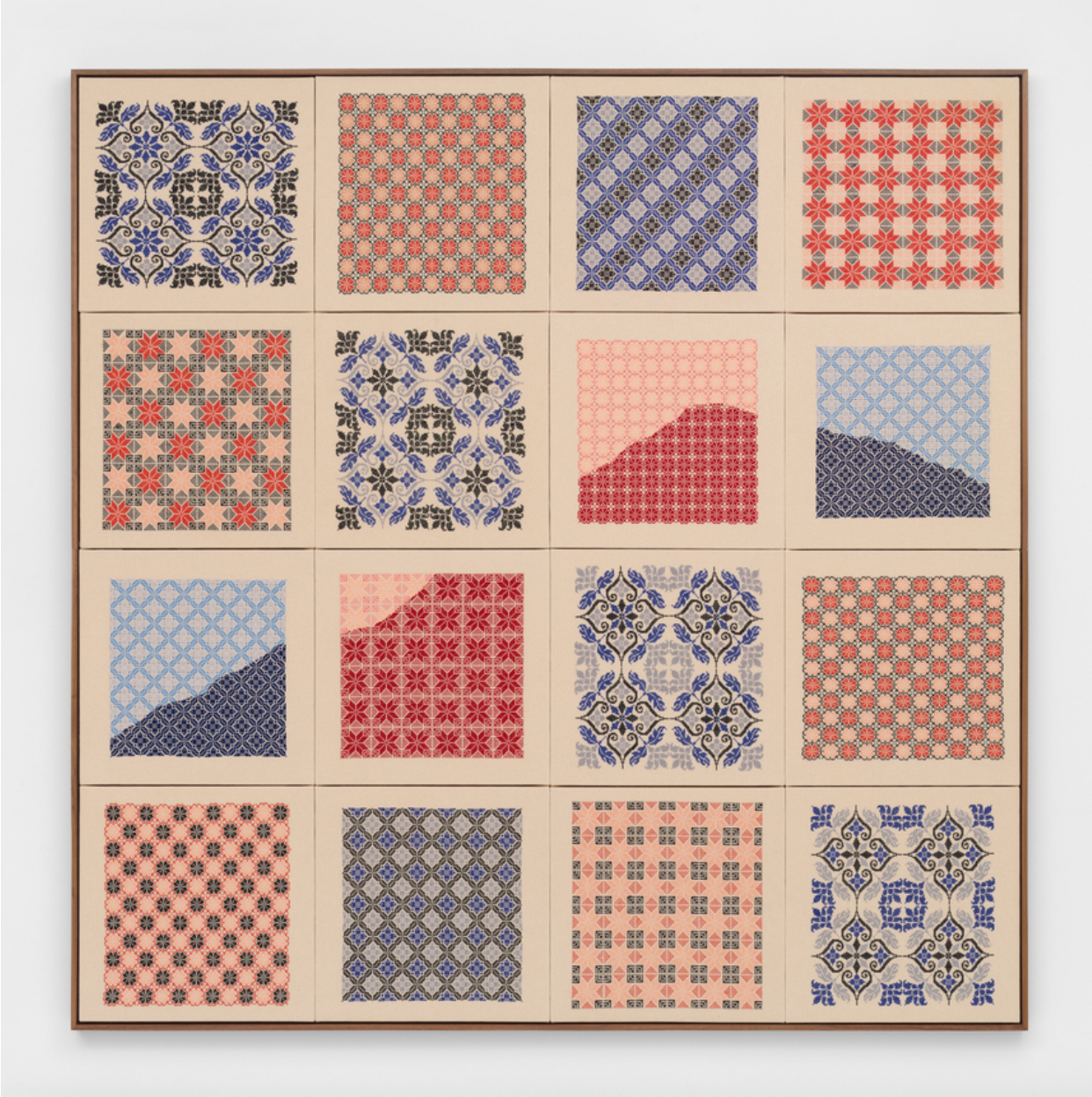 Jordan Nassar, A Mountain Looms, 2023, hand-embroidered cotton on cotton, 84 × 84 × 1 in (213.4 × 213.4 × 2.5 cm).