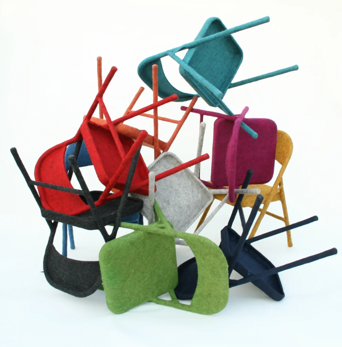 Tanya Aguiñiga, Hand-Felted Found Chairs, ca. 2012, hand-felted found folding chairs (wool felt on metal folding chaisr), 29.25 × 18.75 × 18 in (seat height: 17 in)