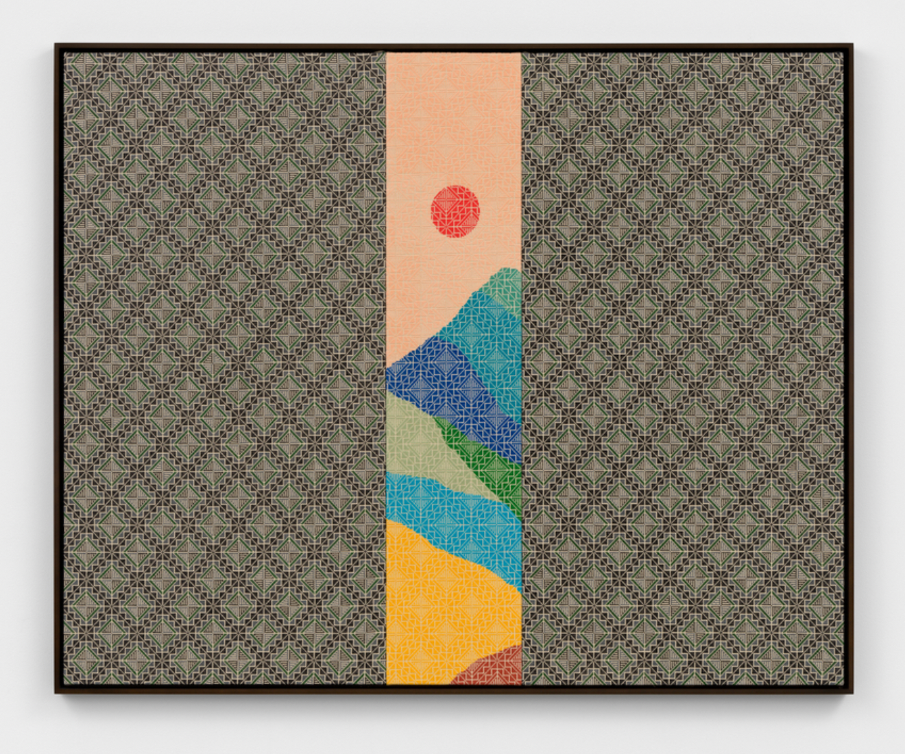 Jordan Nassar, Between Two Hedges of Silence, 2025, hand-embroidered cotton on cotton, 59 × 73 in (149.9 × 185.4 cm).