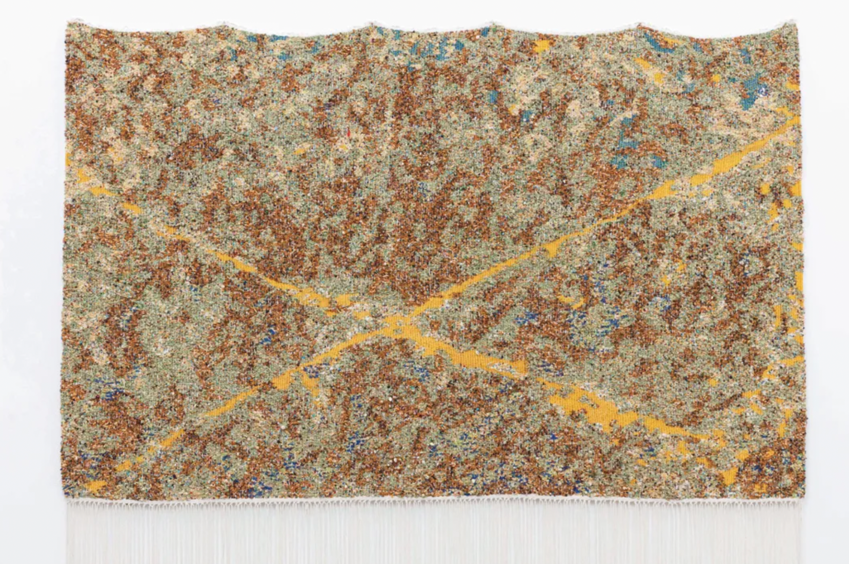 Igshaan Adams, Langa, 2021, paint on wood, plastic beads, glass beads, stone beads, bone beads, polyester rope, nylon rope, cotton fabric, chain, wire, cotton twine, 7 ft 10.5 in × 10 ft 2.875 in.