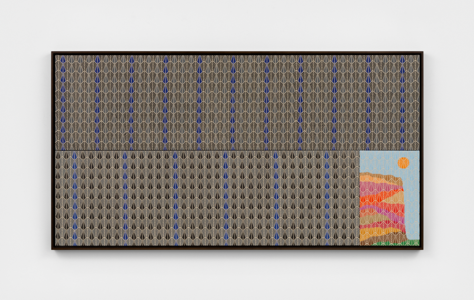 Jordan Nassar, When the sun does justice to life and death in the middle of the sky / a mask of steel descends over its face, 2025, hand-embroidered cotton on cotton, 85 × 44 in (215.9 × 111.8 cm).