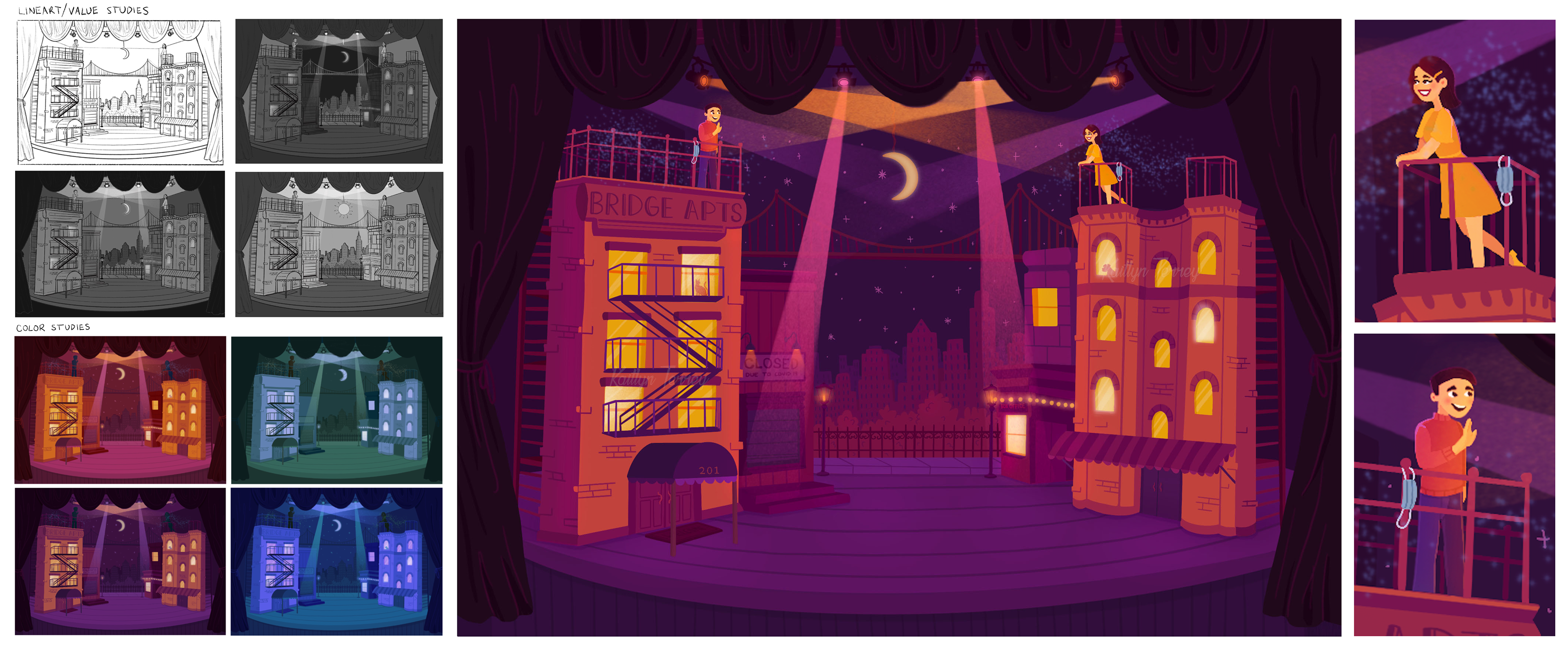 My stage set design process including tight linework, 3 value comps, 4 color comps, and a final illustration capturing a couple in NYC falling in love during the pandemic.