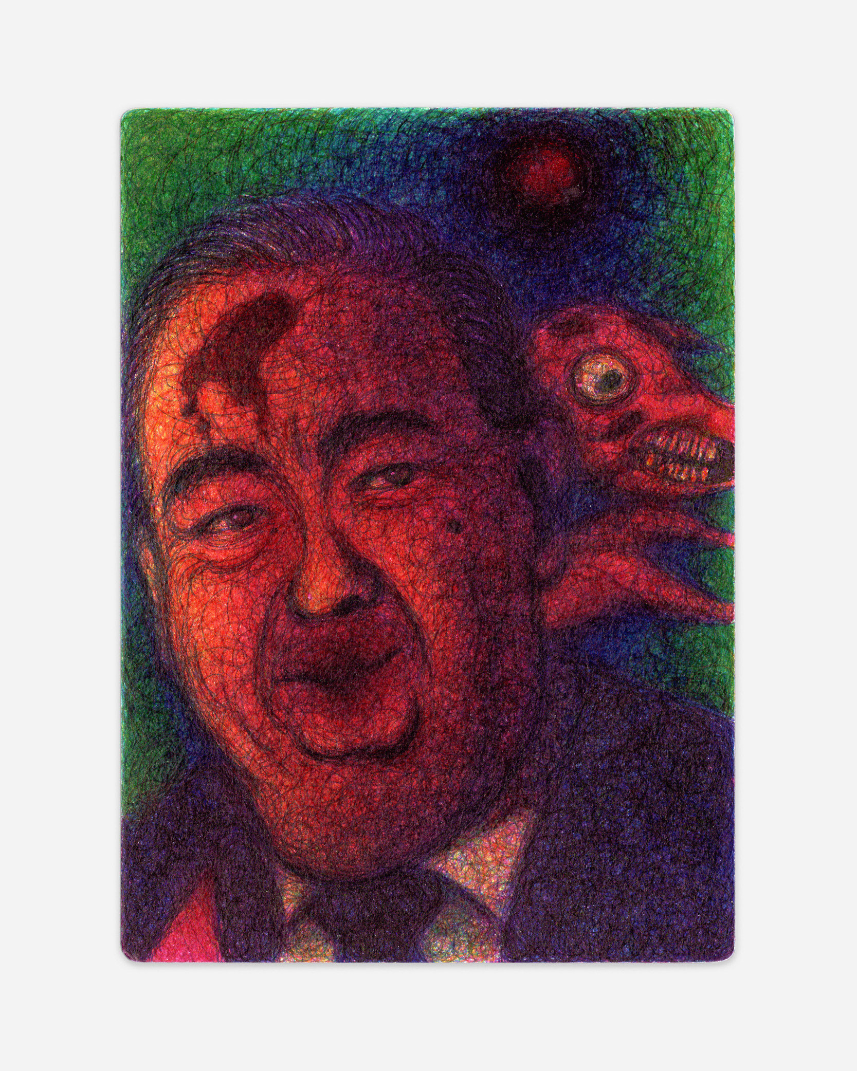 "The Importance of an Illusory Community", 2025, ink on paper mounted on aluminum panel, 7x5 inches