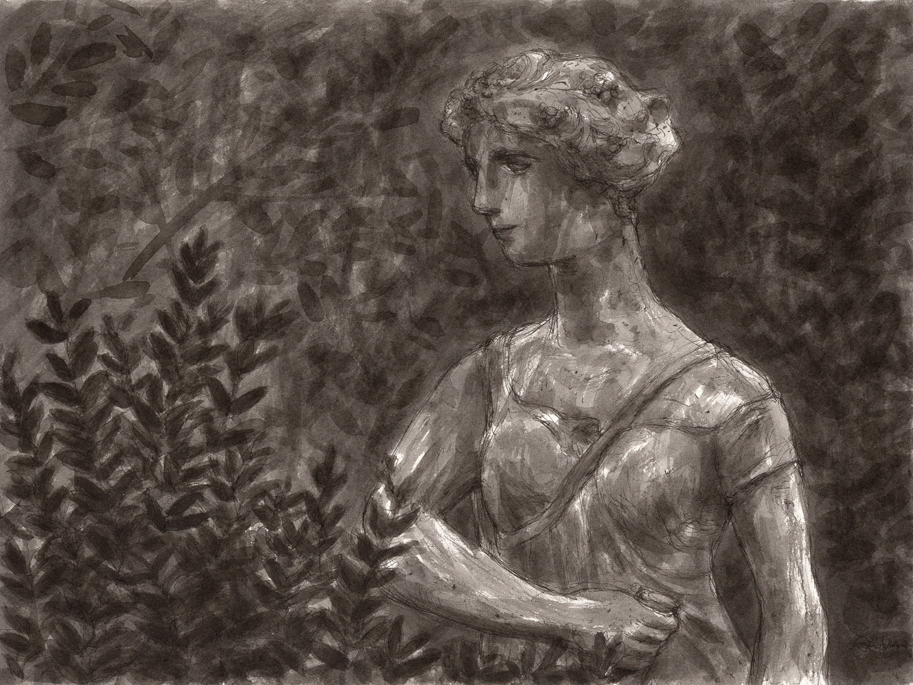 "Lady in the Garden", 2020, ink on paper, 9x12 inches