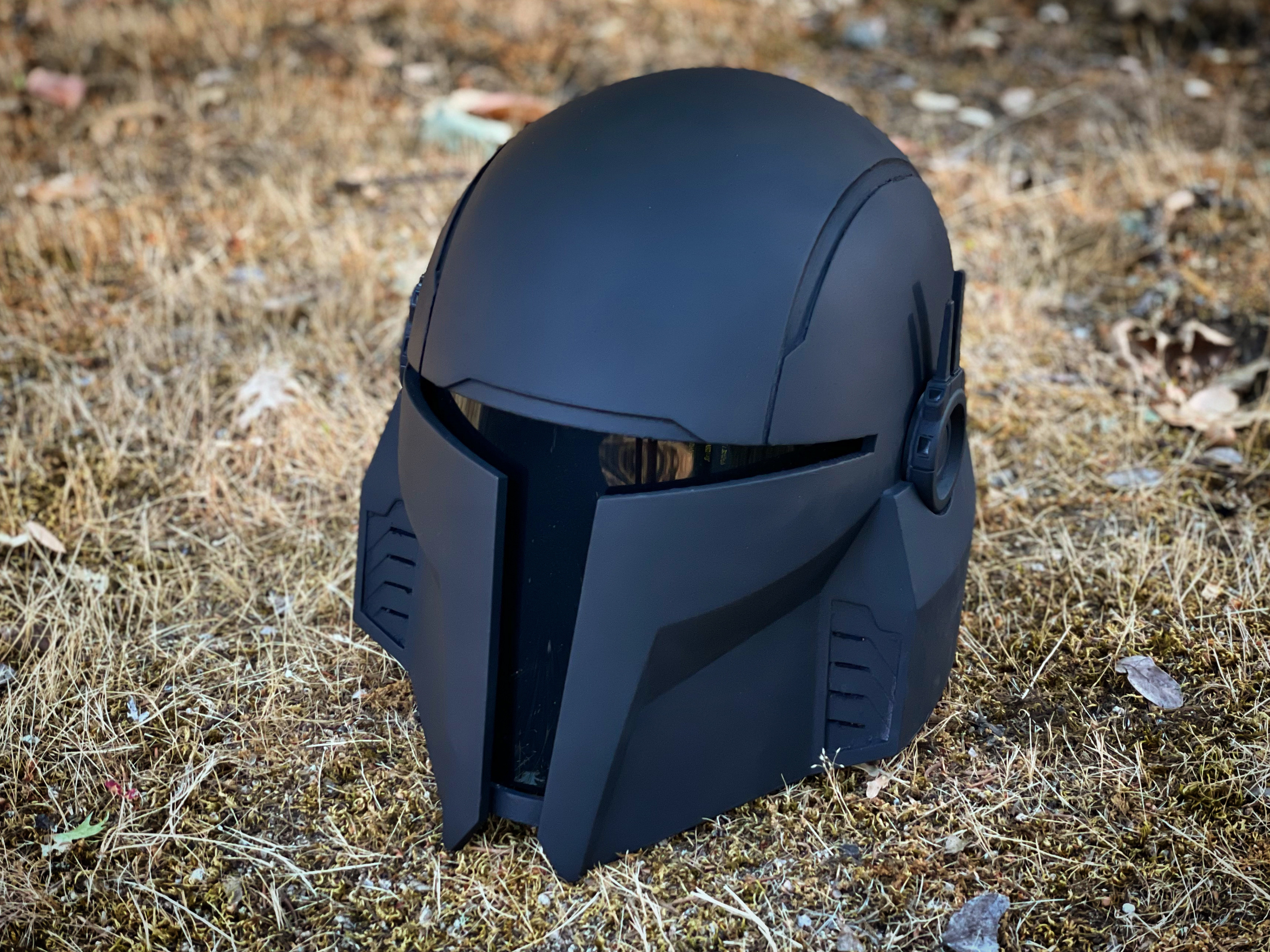 3D Printed Mandalorian helmet (matte black). Digital files by AlterEgoArmory. Jul 2021.