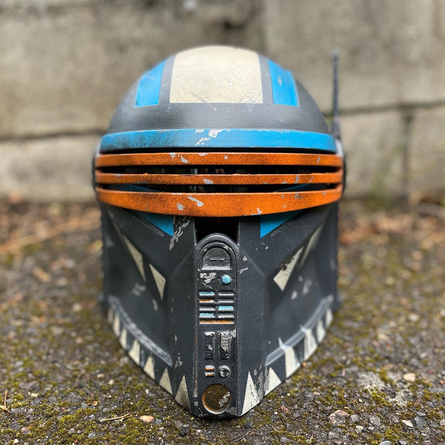 3D Printed Mandalorian helmet (blue and orange). Digital files from Buck's Armory. Apr 2022.