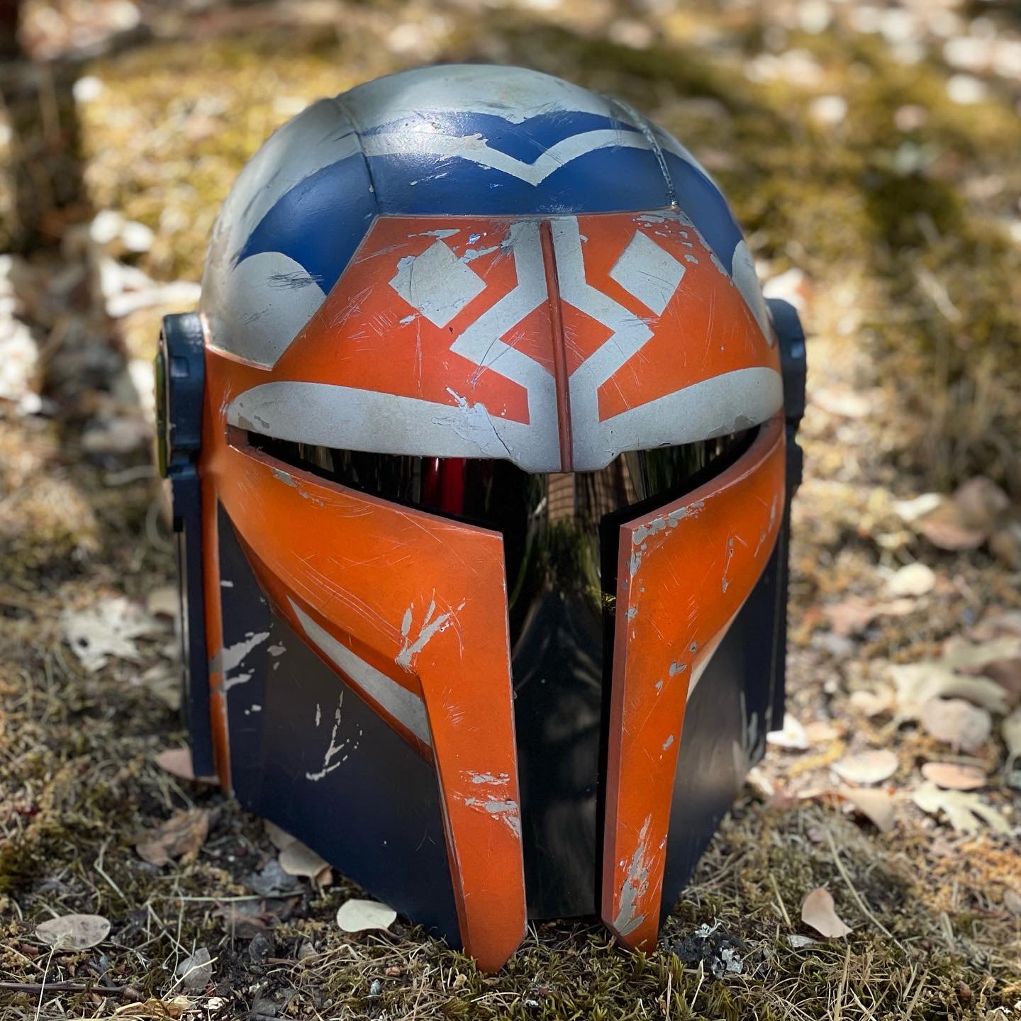 3D Printed Mandalorian helmet (Ahsoka theme). Digital files from AlterEgoArmory. Aug 2021.