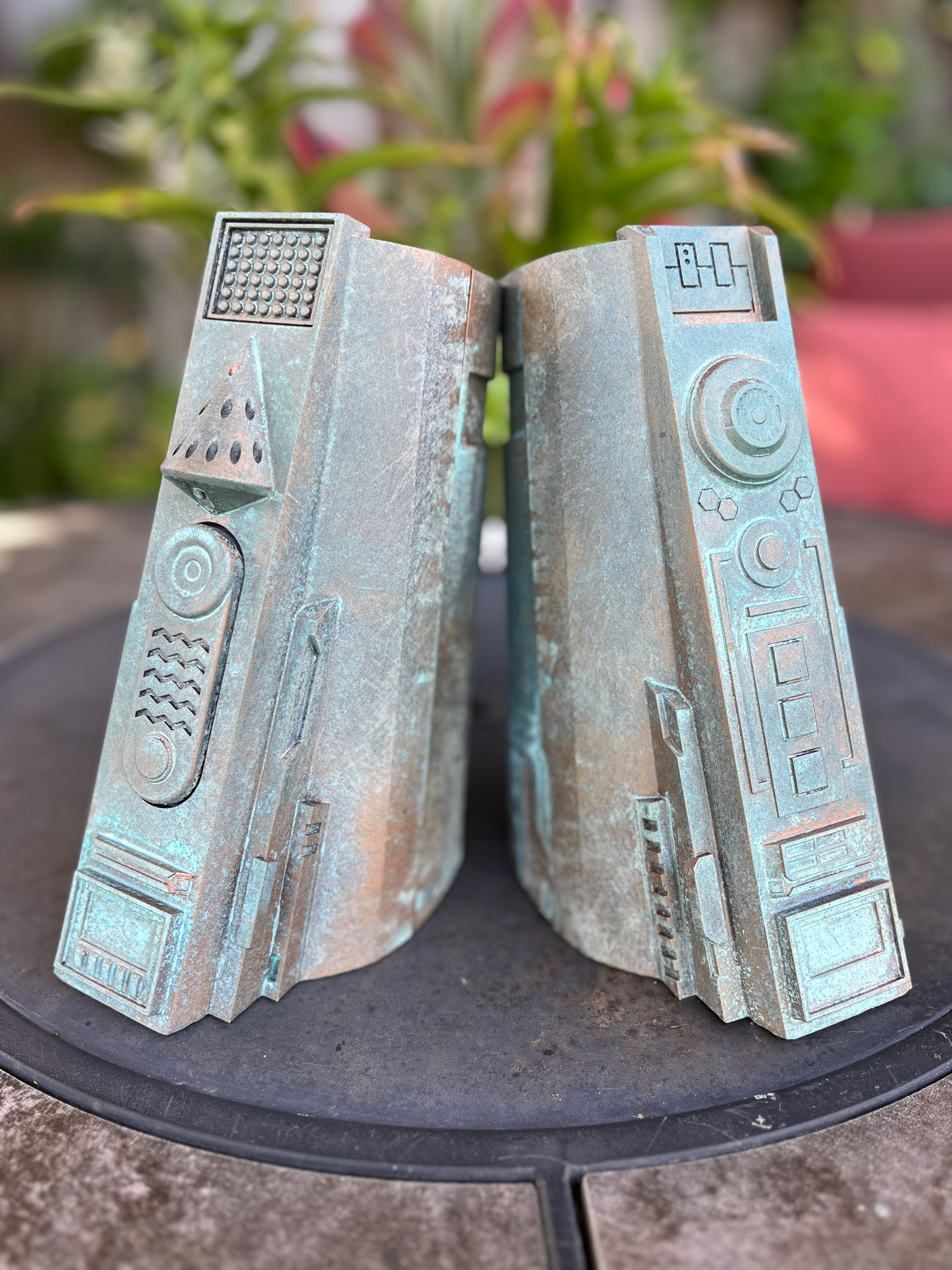 Resin printed Mandalorian gauntlets. Patina copper finish. Apr 2024.