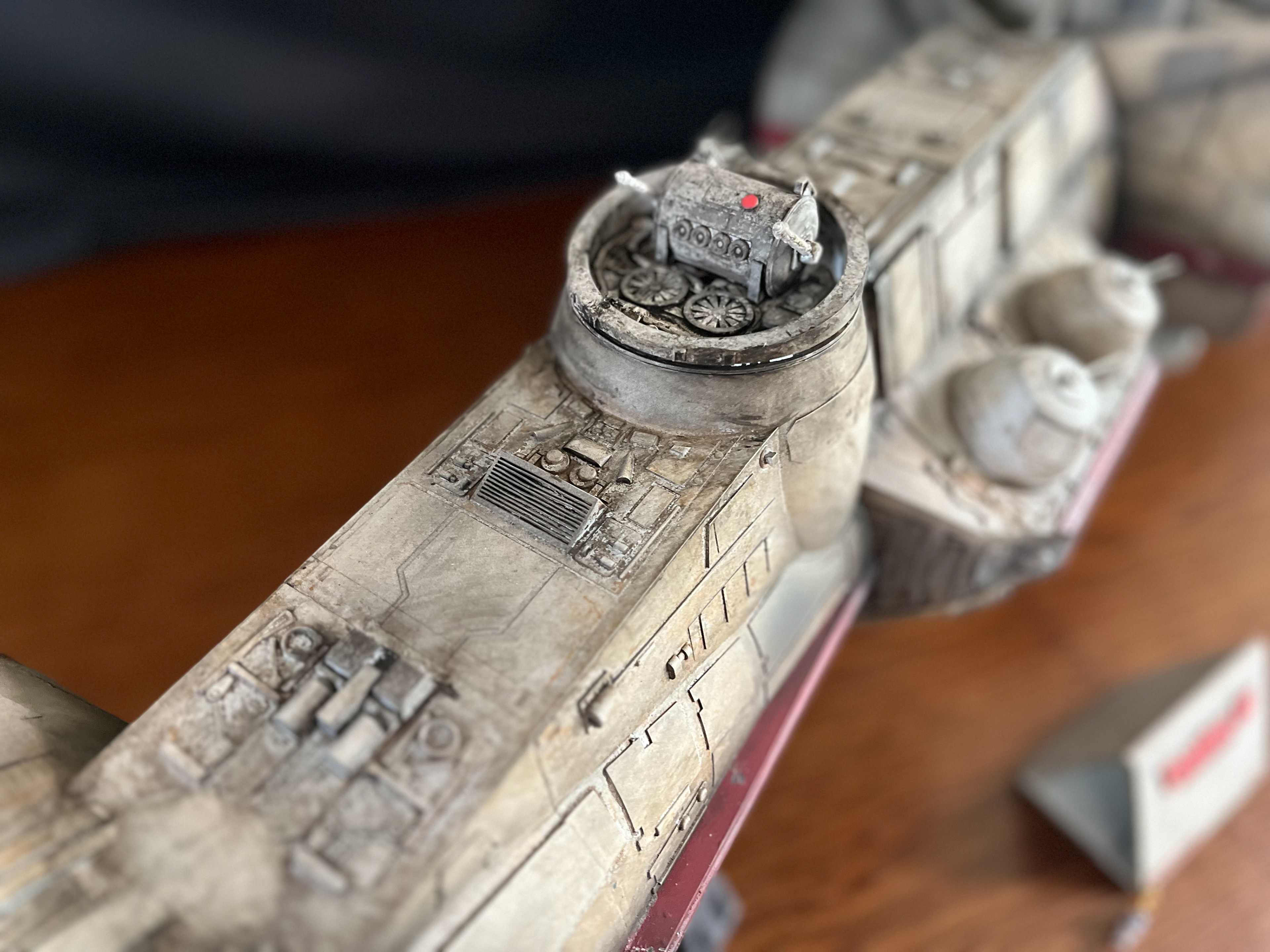 Finished Blockade Runner Model. Upper turret. Printed in resin. Finished with airbrush and acrylic paints. Modeled in Shapr3d. May 2024.