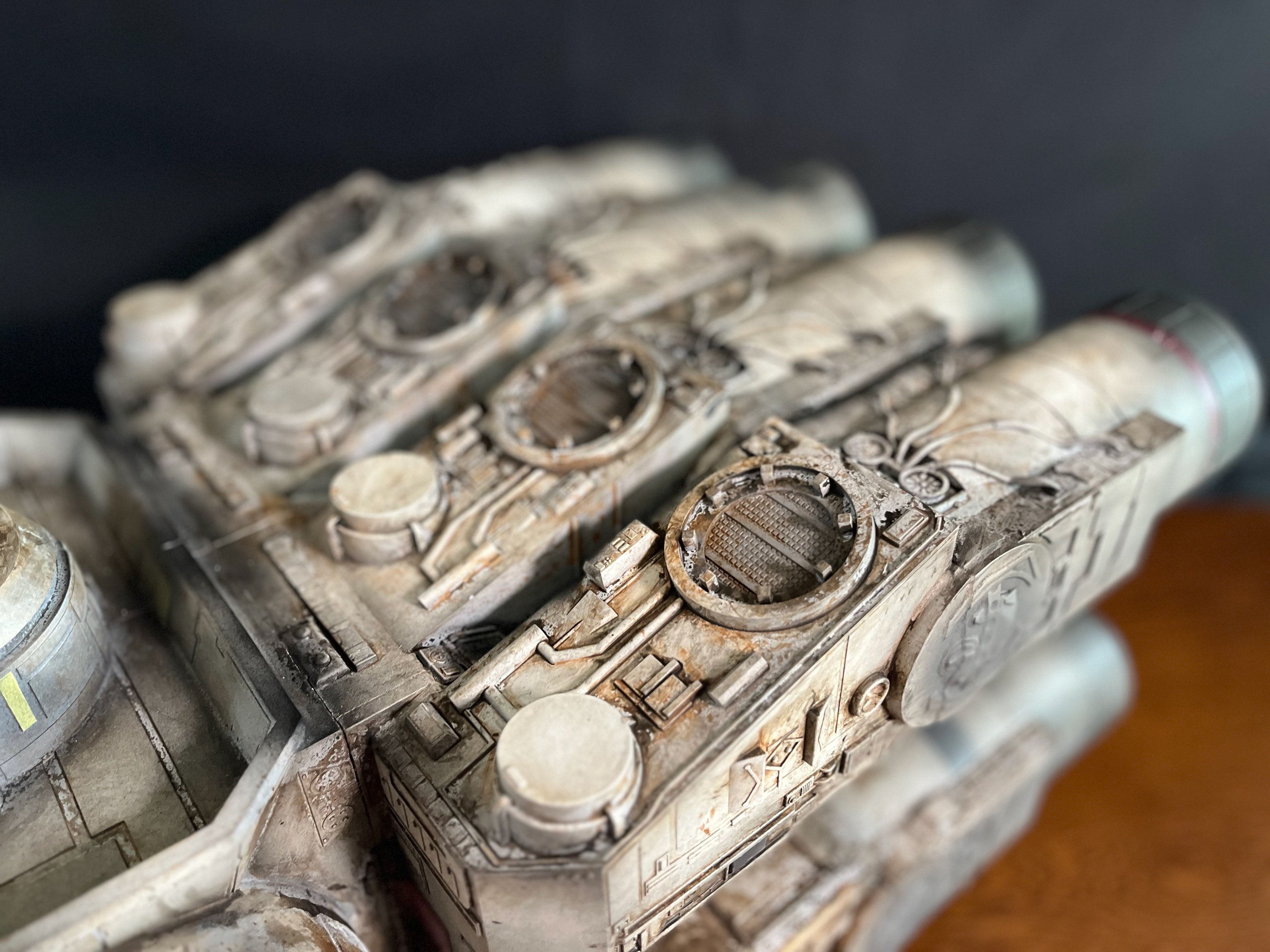 Finished Blockade Runner Model. Engines Top. Printed in resin. Finished with airbrush and acrylic paints. Modeled in Shapr3d. May 2024.