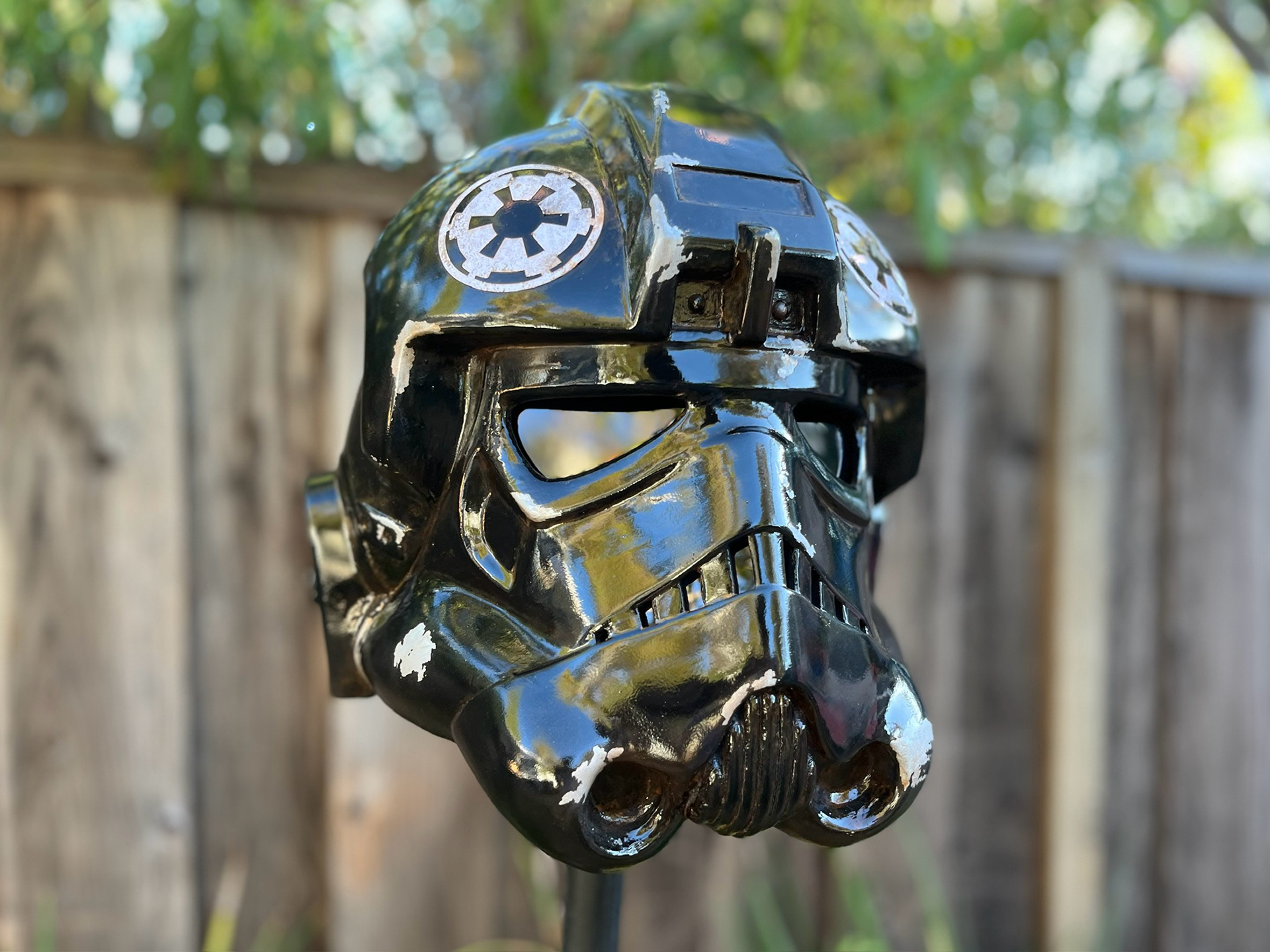 3D printed TIE pilot helmet. Files from Galactic Armory. Sept 2024.