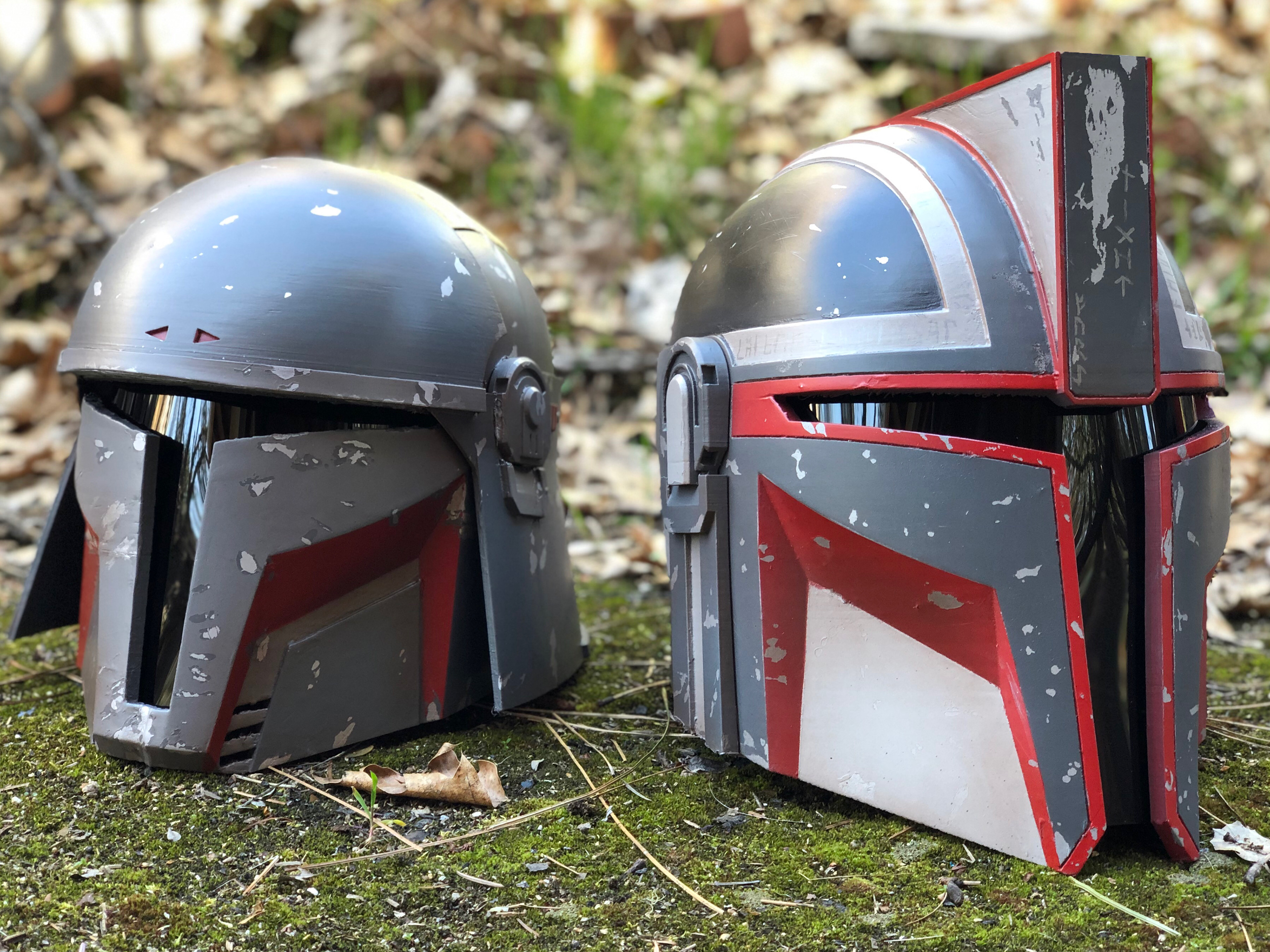 3D Printed Mandalorian helmets. Digital files from AlterEgoArmory. Oct 2020.