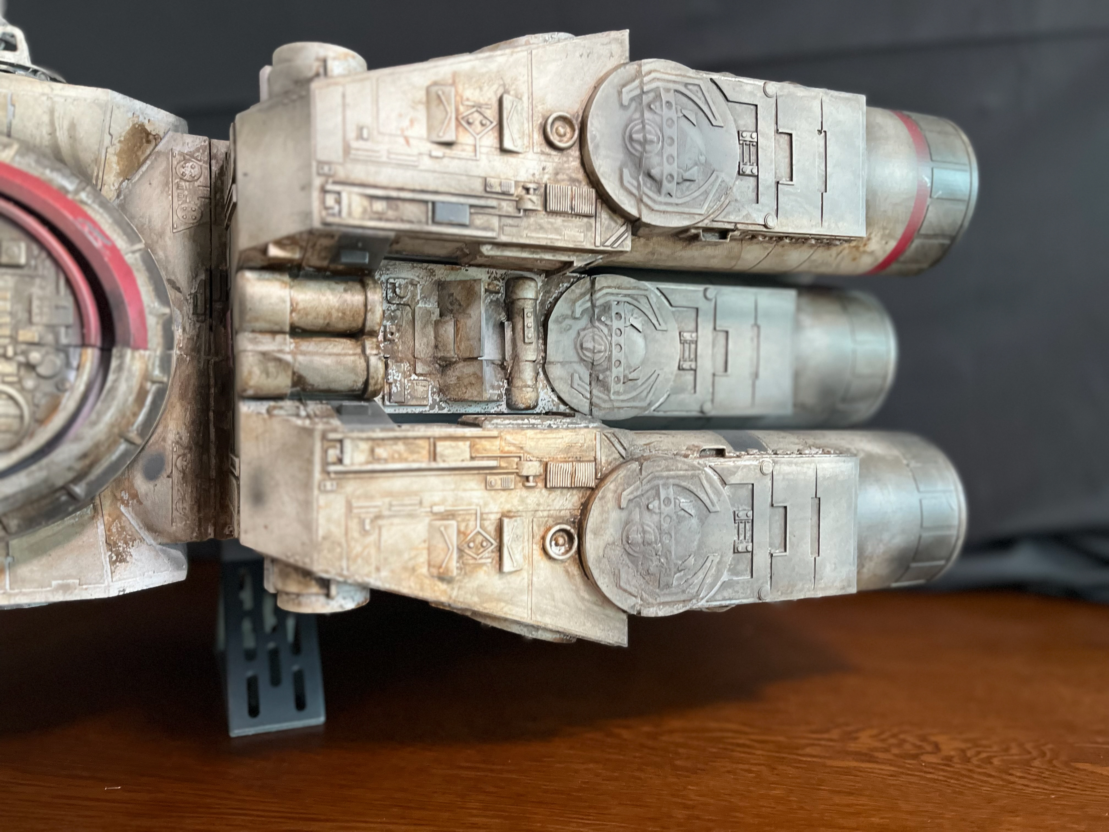 Finished Blockade Runner Model. Engines Side. Printed in resin. Finished with airbrush and acrylic paints. Modeled in Shapr3d. May 2024.