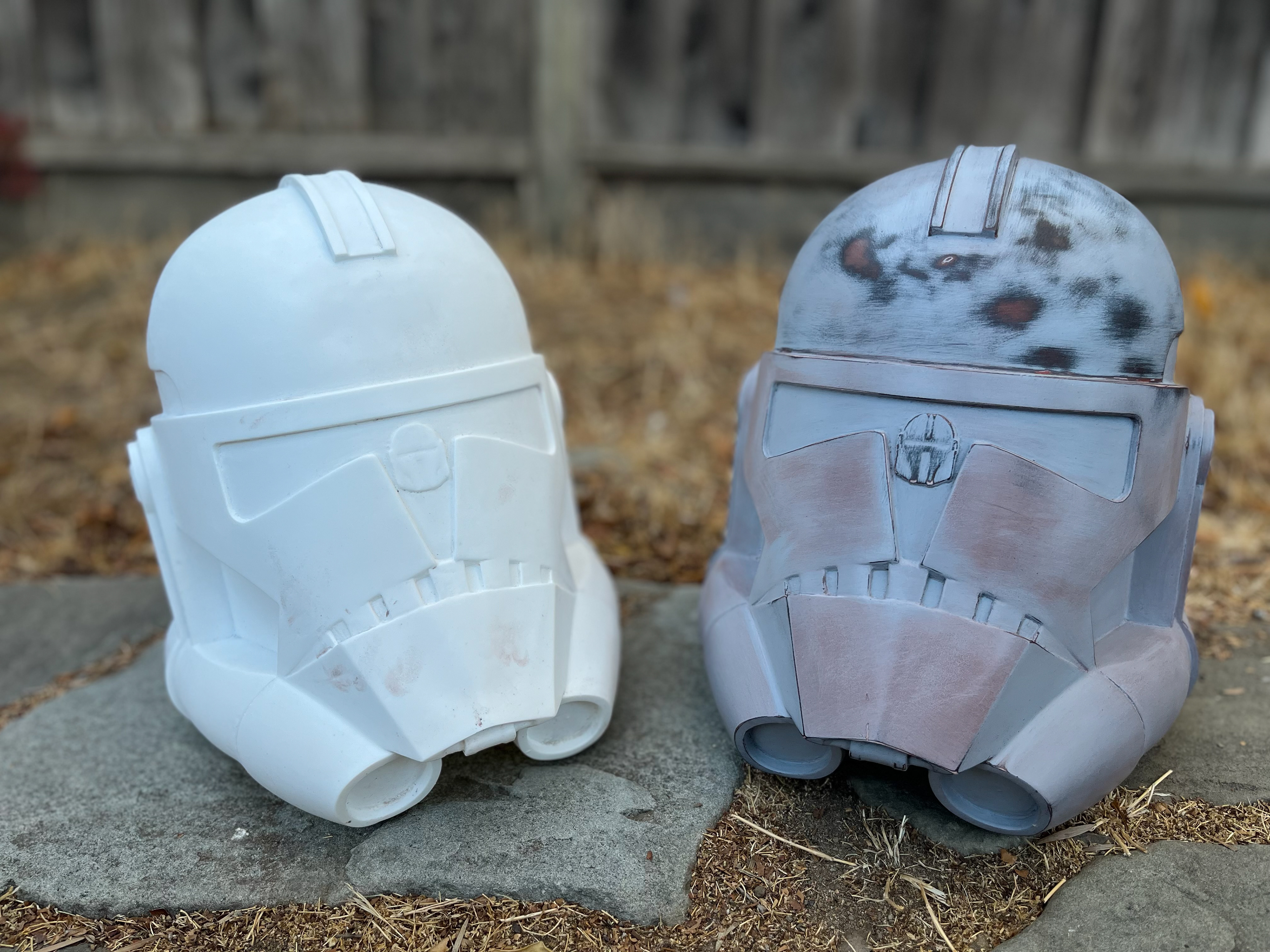 Resin Cast Clone Trooper helmet (left) next to 3D printed master for mold (right). Nov 2023.
