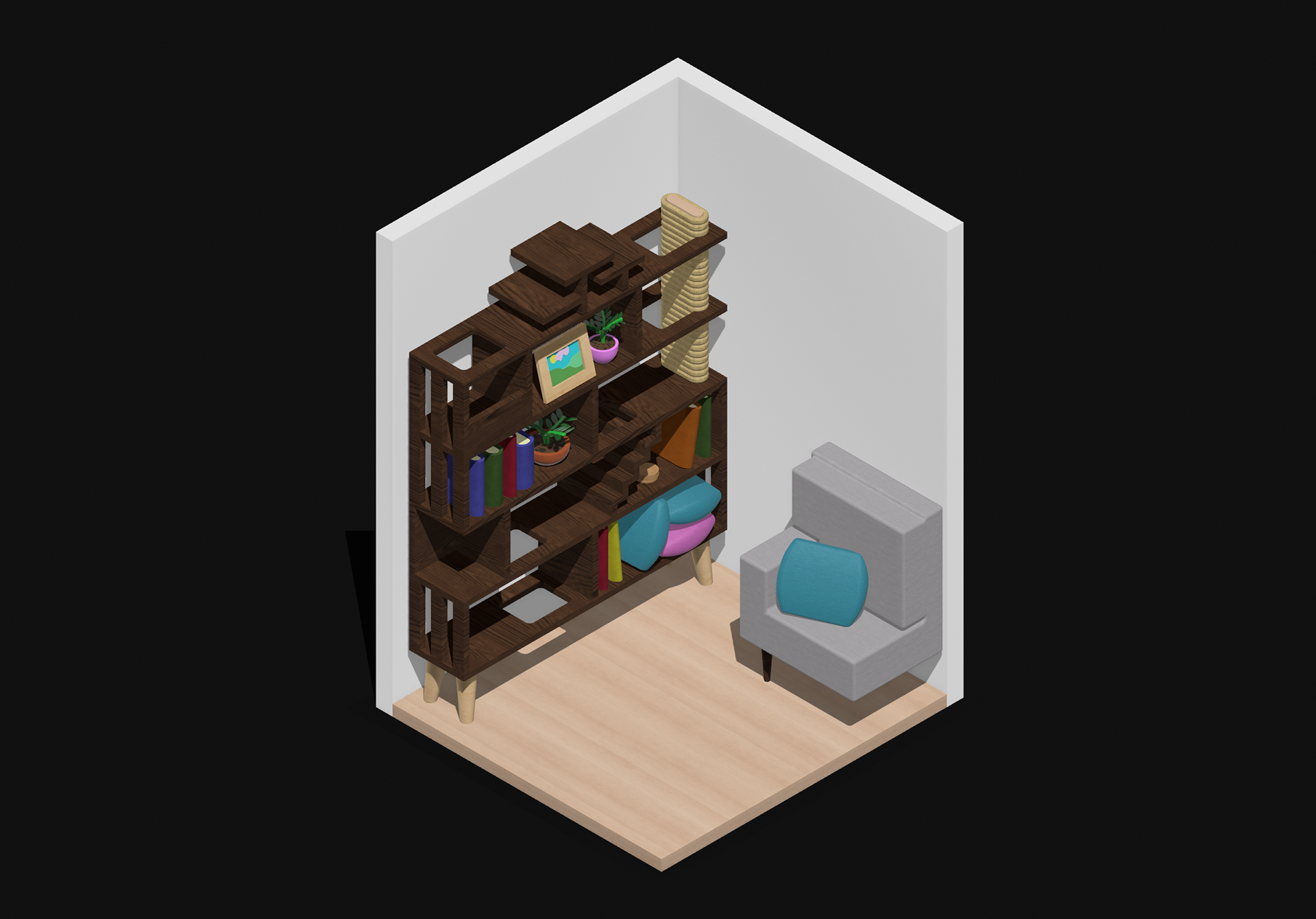 Bookshelf and Cat Climbing Tower. Made in Shapr3d. Mar 2023.
