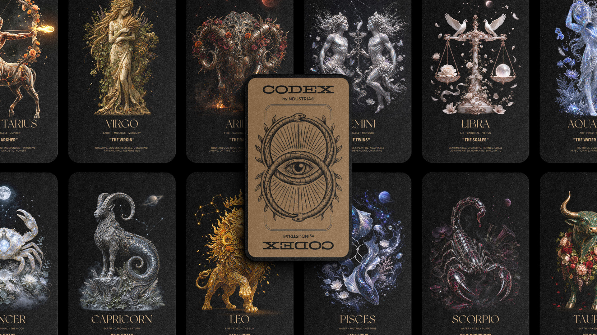 The Zodiac Codex by INDUSTRIA — 12 zodiac archetype cards, editorial brand design series