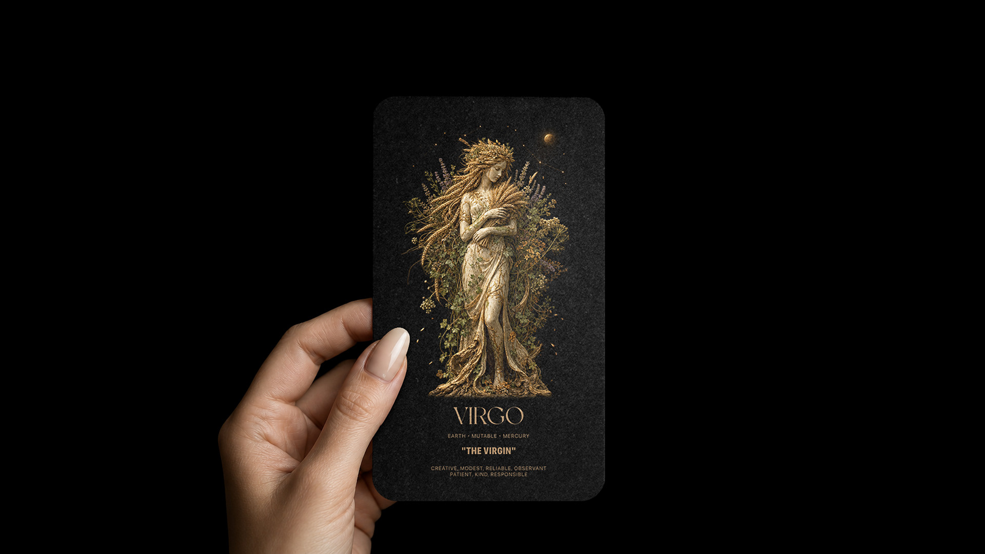 Hand holding Virgo zodiac card from CODEX by INDUSTRIA — The Virgin editorial design