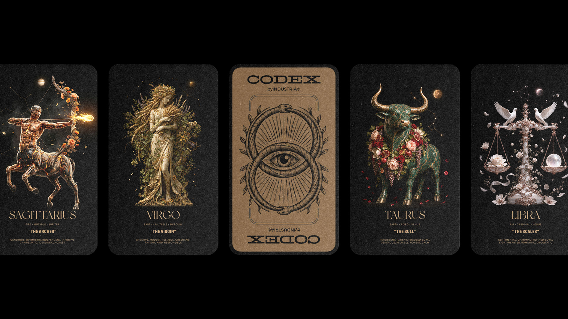 CODEX by INDUSTRIA zodiac cards — Sagittarius, Virgo, Taurus and Libra editorial design