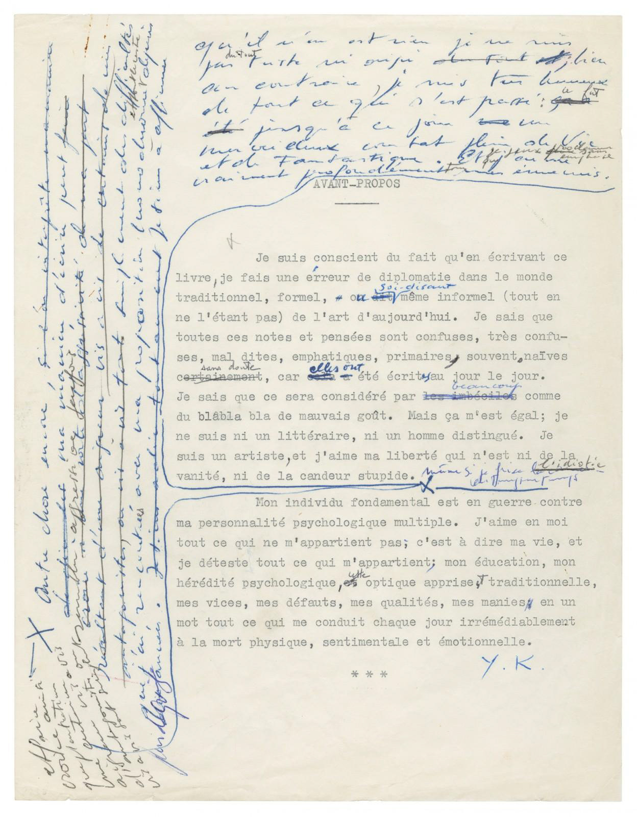 Yves Klein, "L'Aventure Monochrome, Avant-Propos"_Archives fondation Yves Klein
