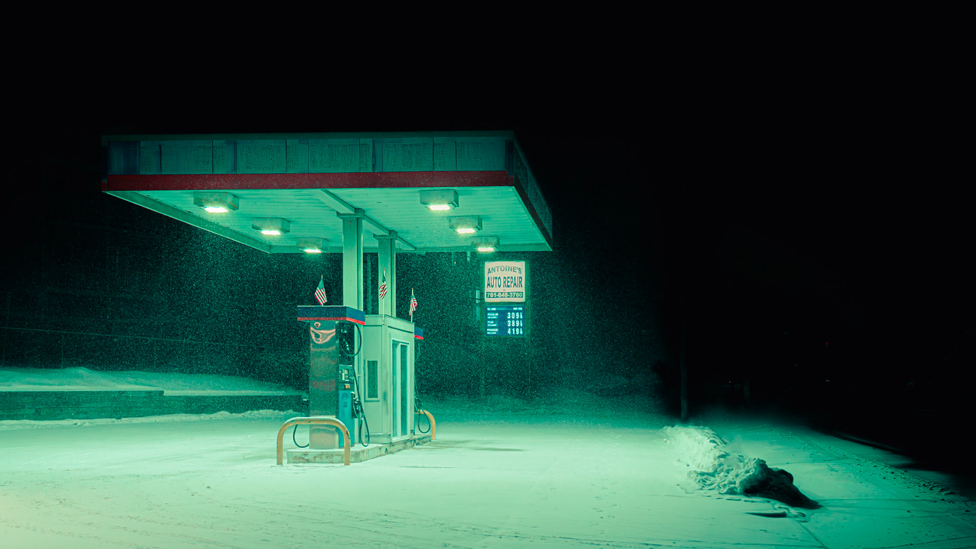 Antoine Auto in the Snow, at Night