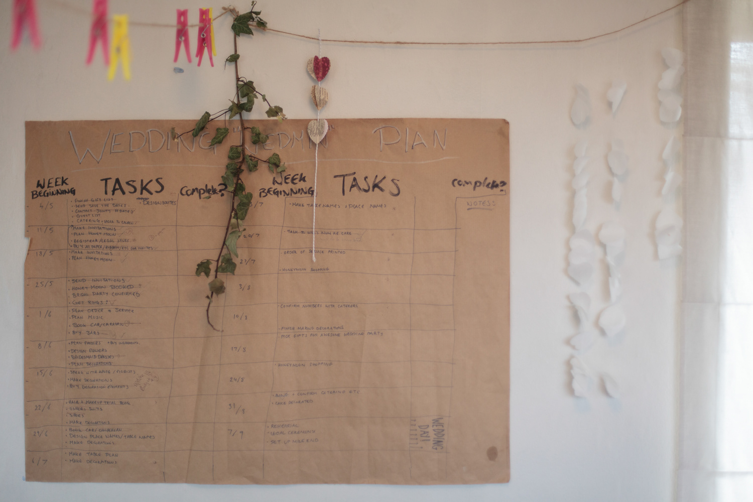 A wall hung wedding day planner is on the wall