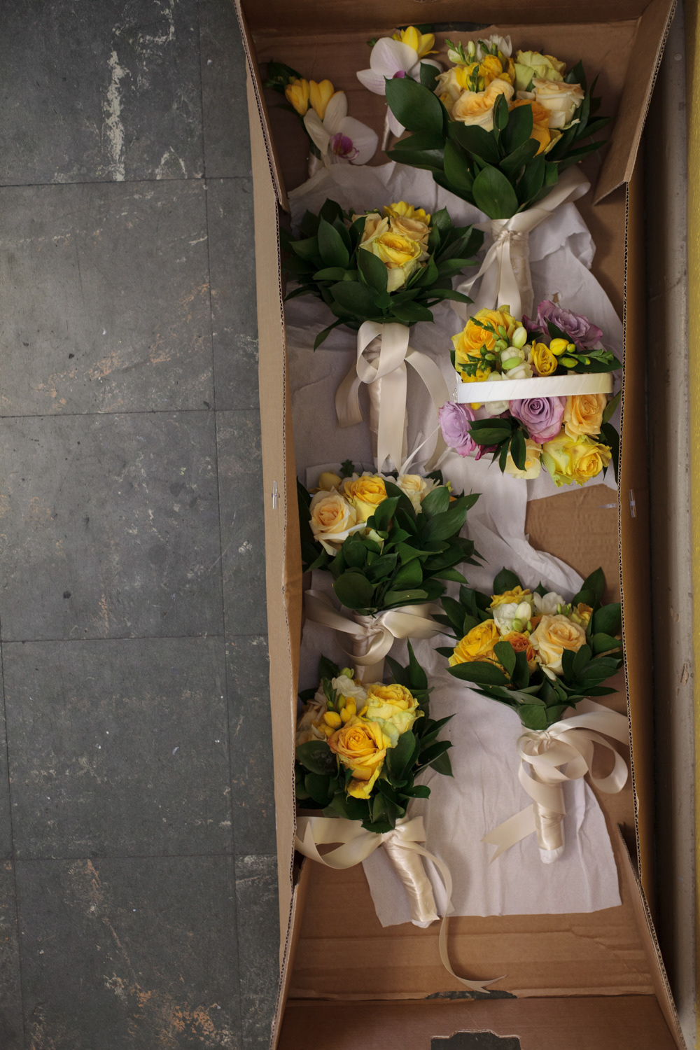 Wedding flowers ready for the bridesmaids