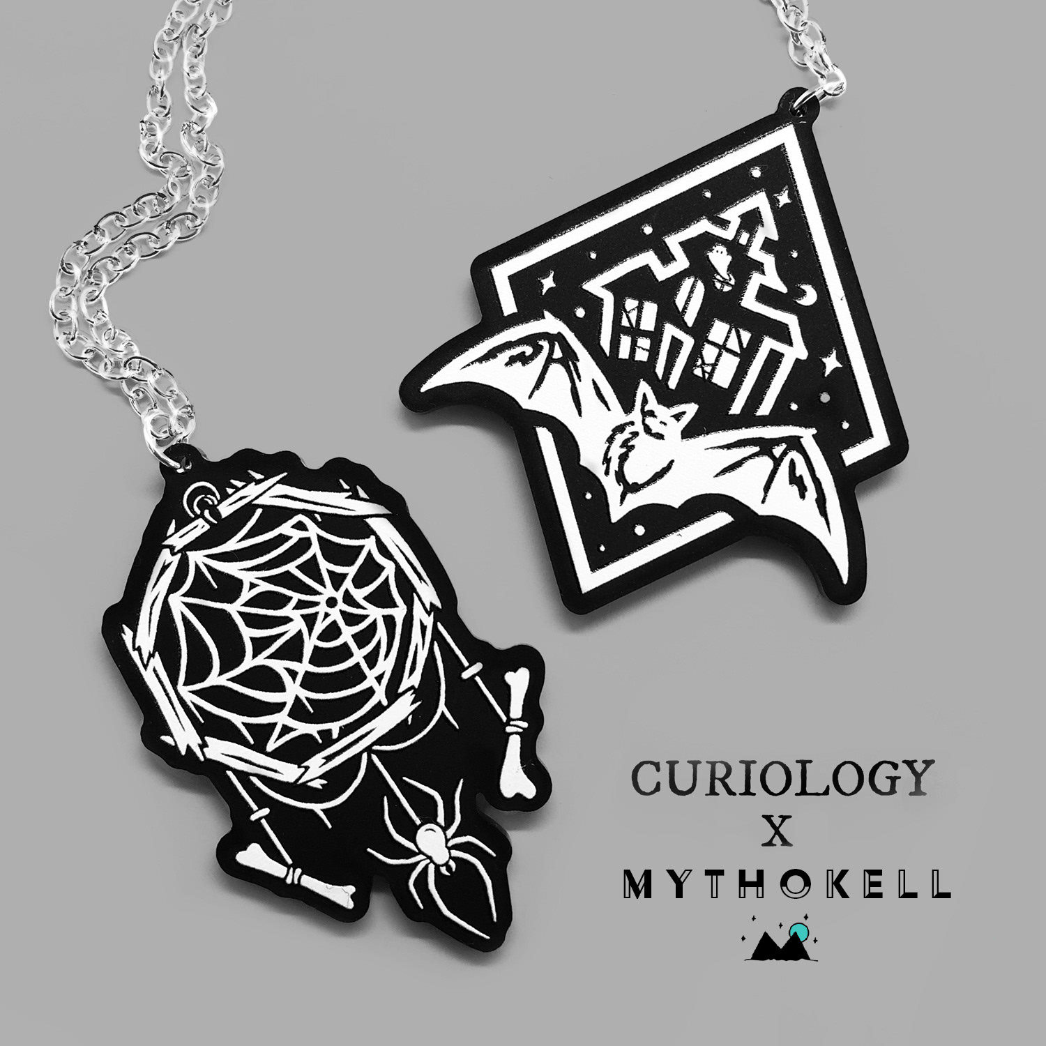 Curiology and Mythokell collaboration, showing two Halloween-themed necklaces