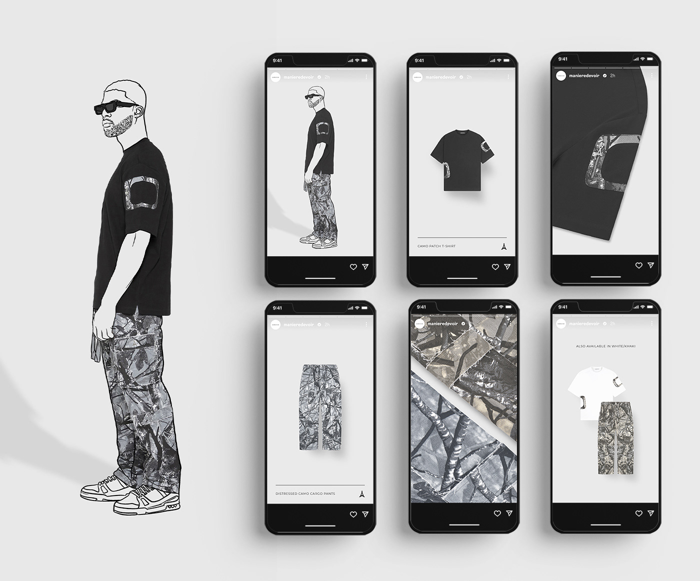 Story showing a mens camo set with illustrated open card