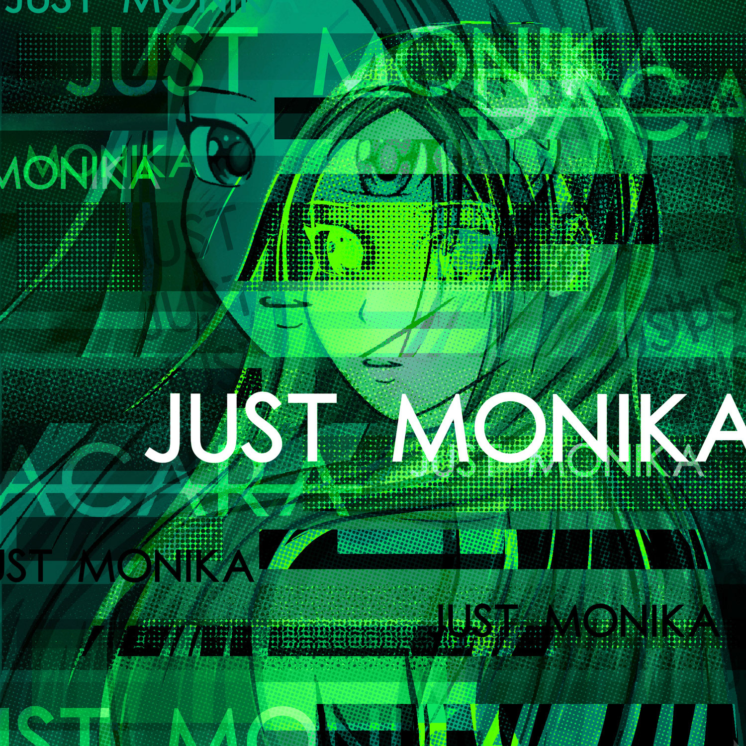 Single artwork for 'JUST MONIKA' with anime girl and glitch effect
