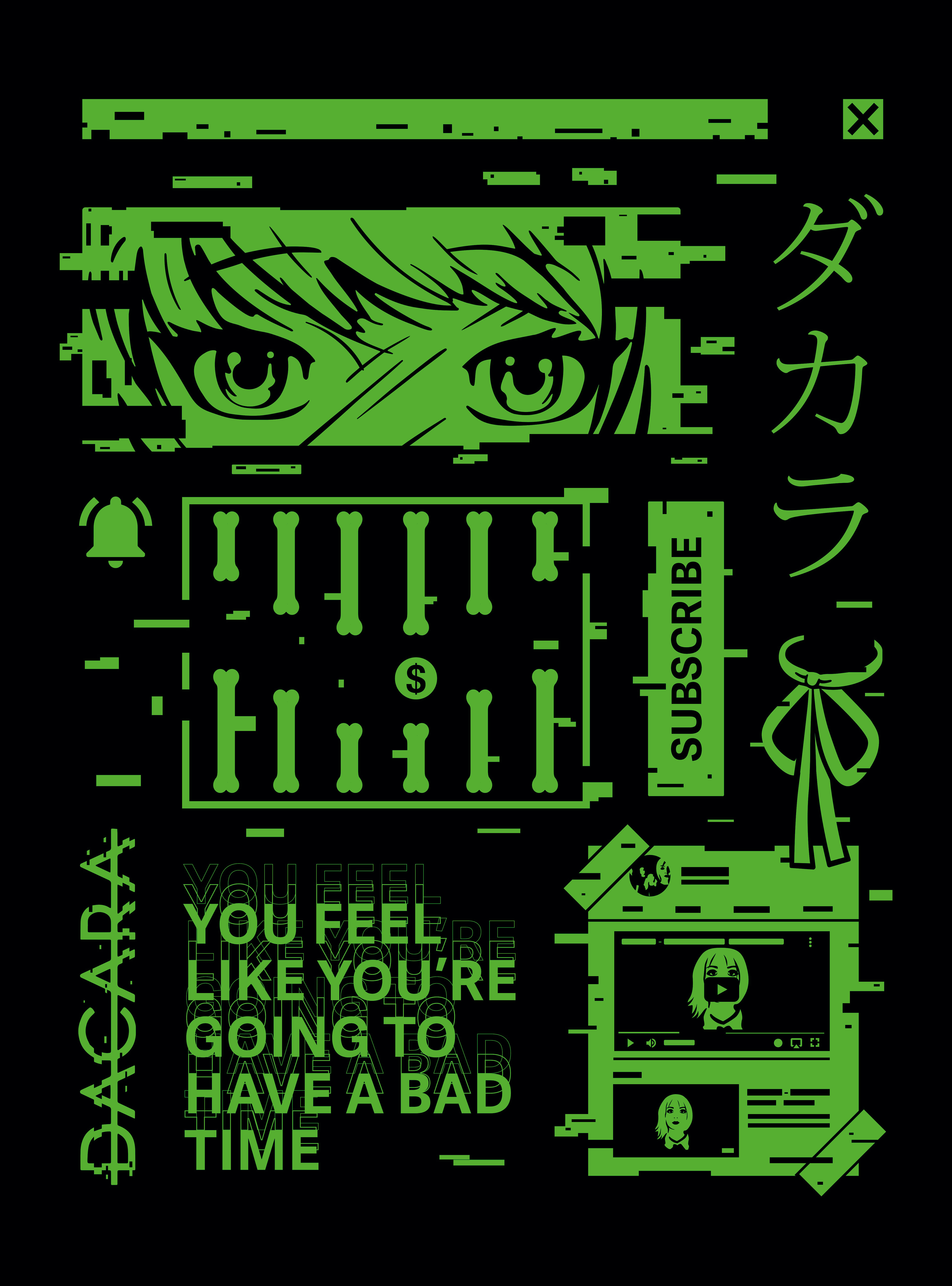 DACARA single colour green tshirt design with anime and gaming references