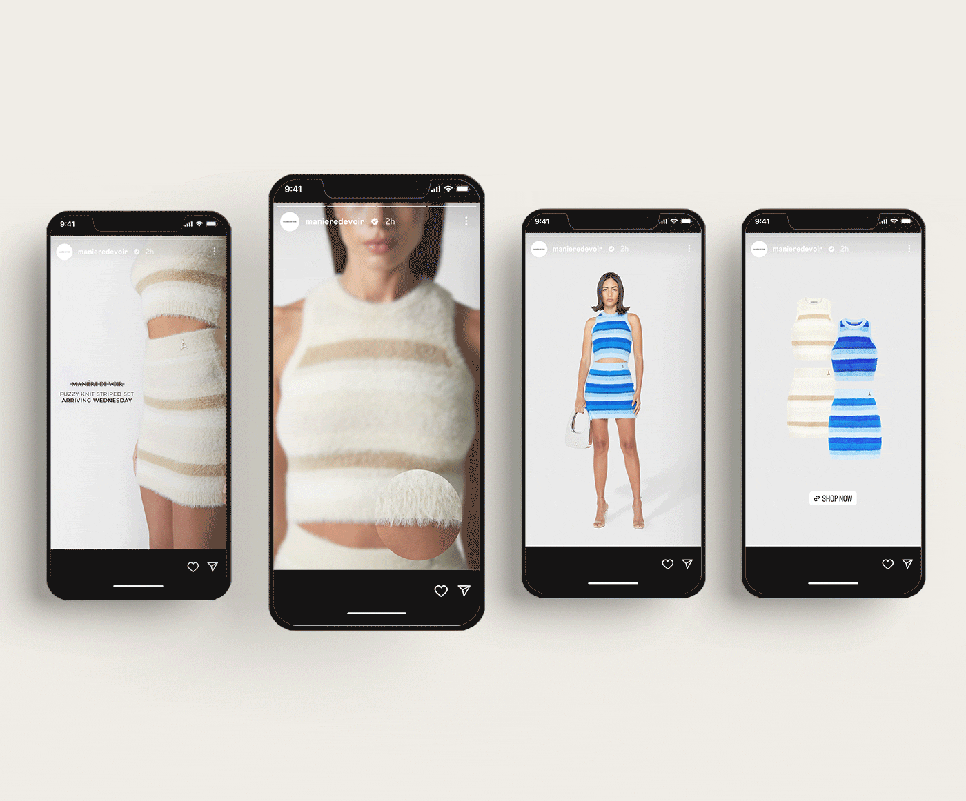 Story promoting a knitted co-ord with animated magnifying glass effect