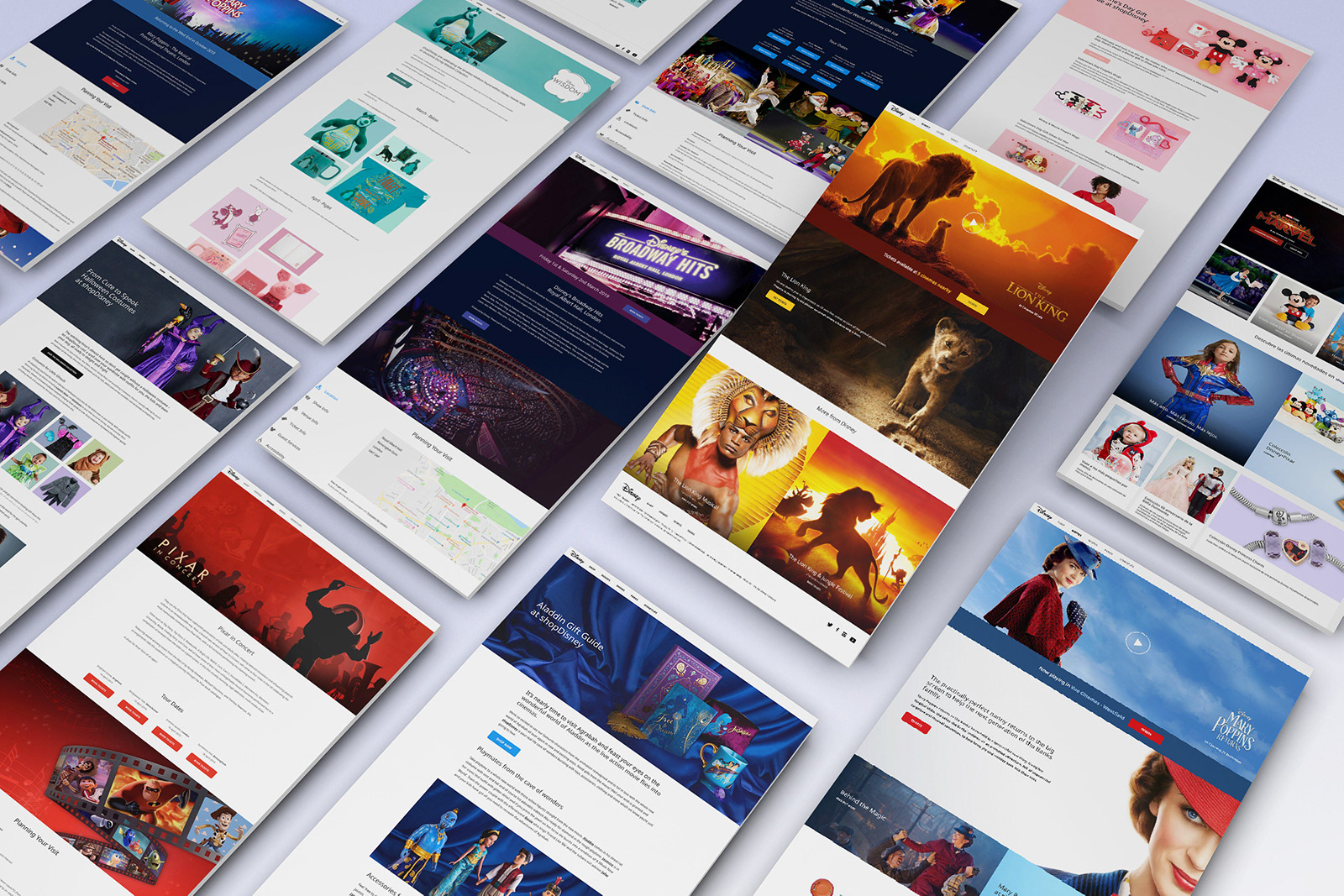 Selection of published web pages on Disney.co.uk with the Lion King at the forefront