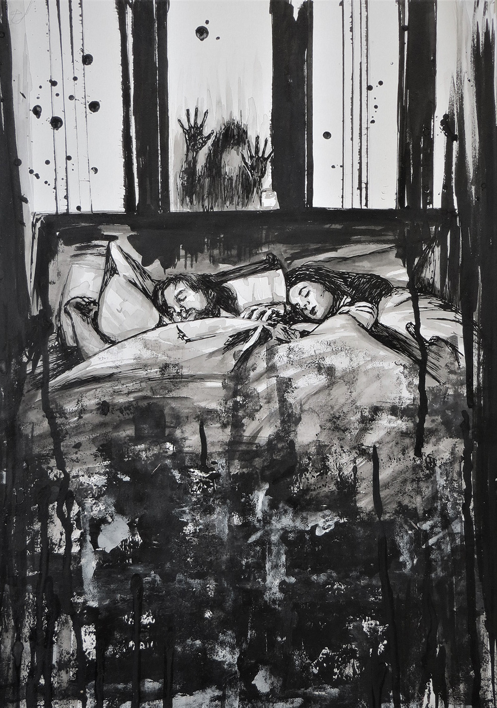Greyscale ink painting of couple asleep in bed, with horror-esque silhouette of a girl behind the wall