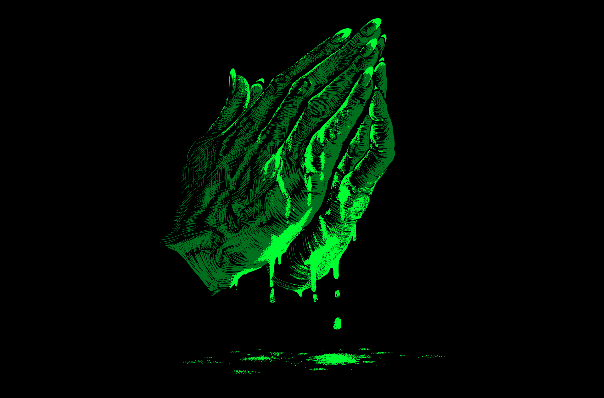 REPENT artwork of praying hands with animated dripping green liquid