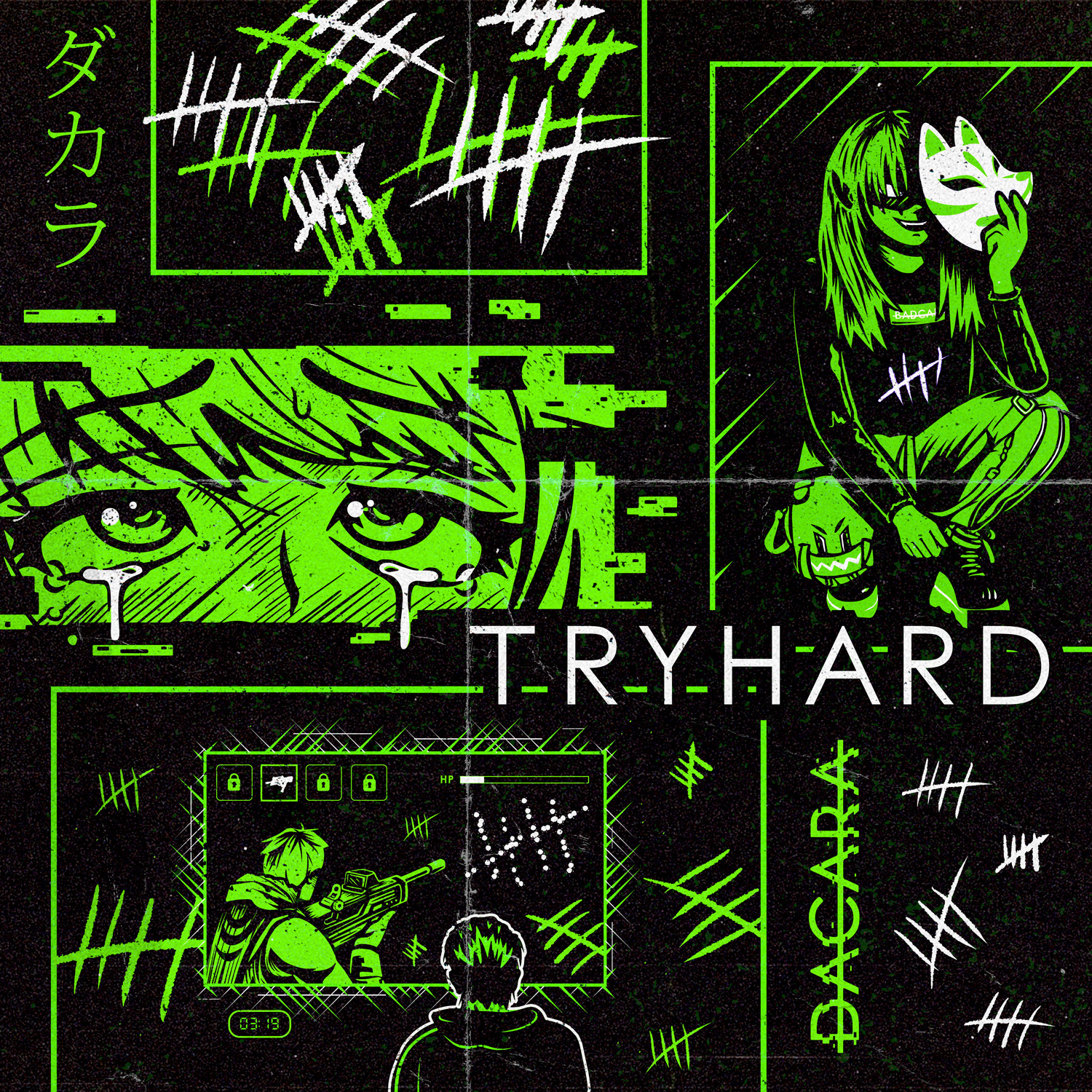 Single artwork for 'TRYHARD' with anime and gaming illustrations