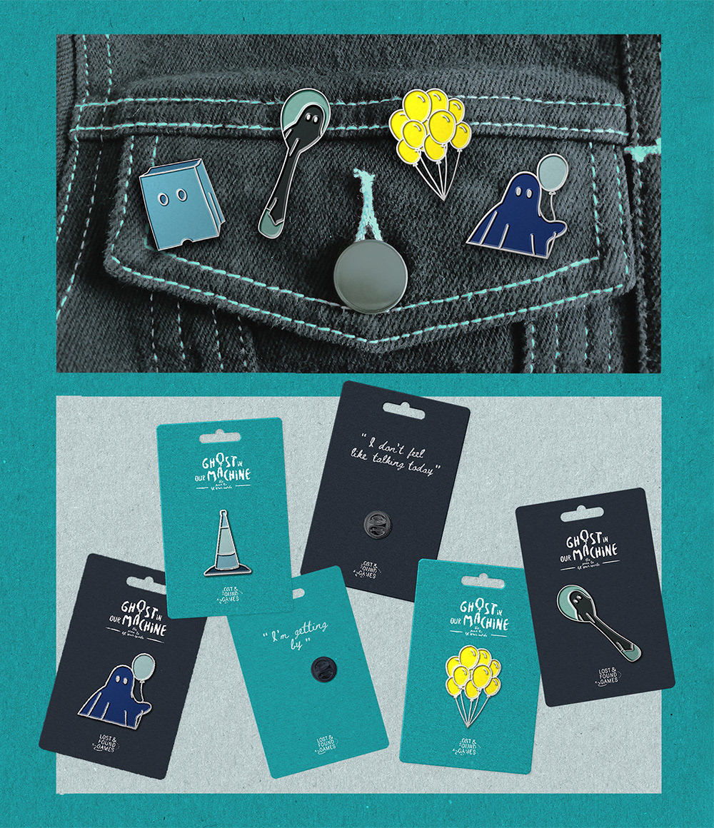 Pin badges using different elements of the game such as balloons, a paper bag mask, and ghost holding a balloon