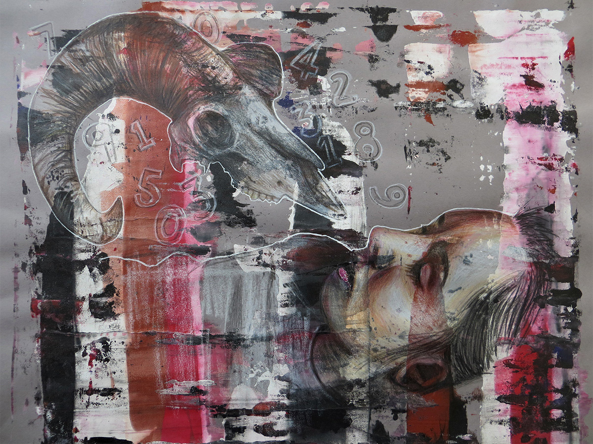 Pencil drawing with bright screenprinted background, girl asleep with sheep skull and numbers above her
