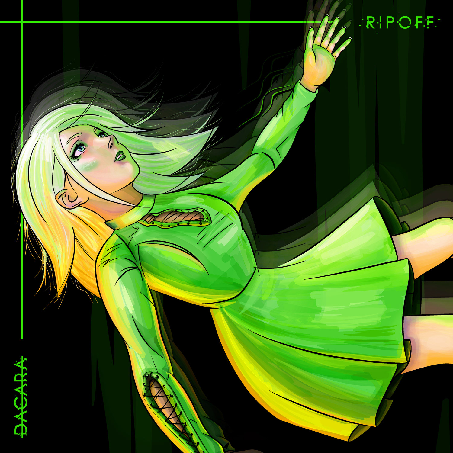 Single artwork for 'RIPOFF' with illustration of girl in green falling