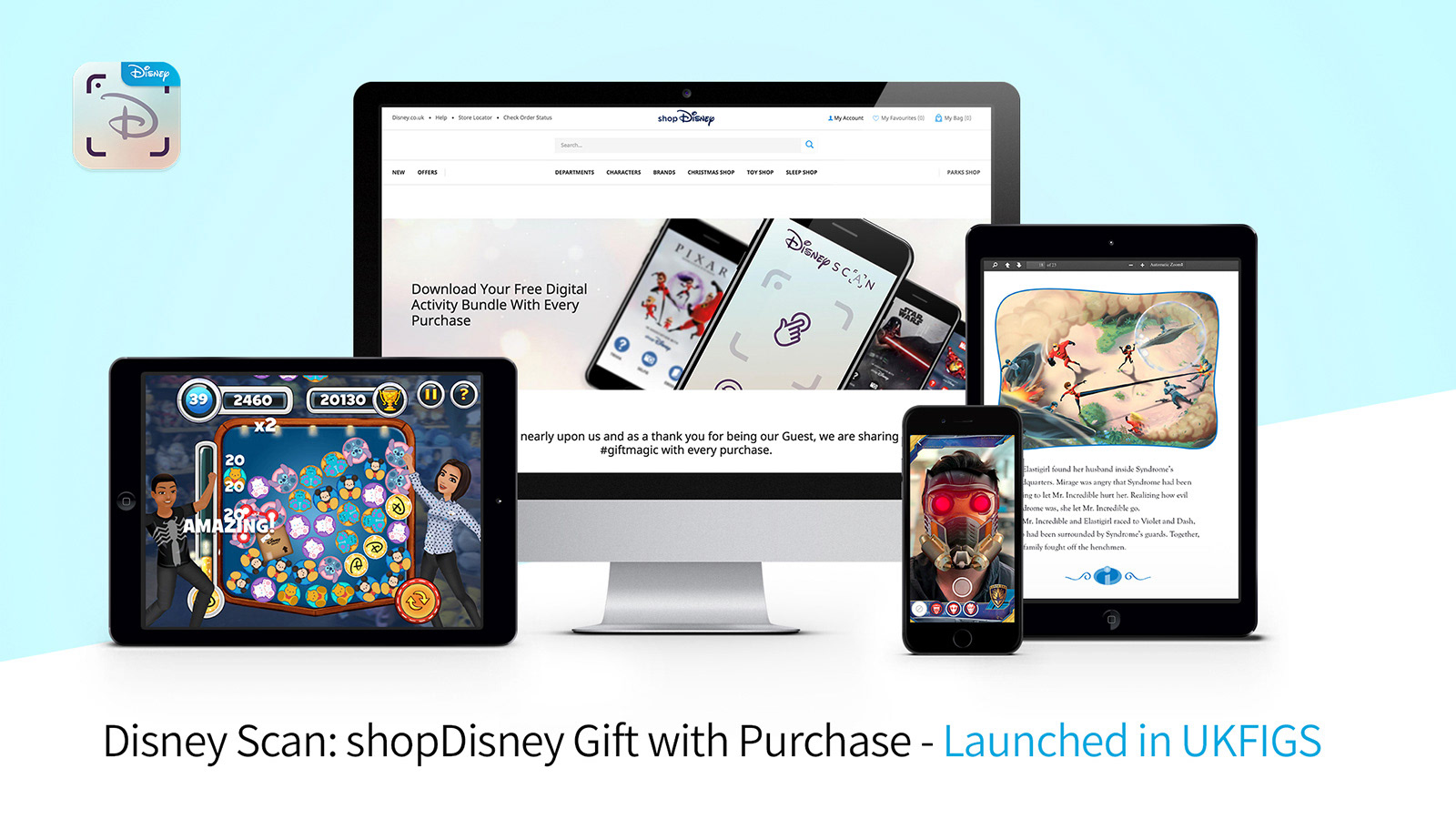 The mobile game shown in the wider context of the DisneyScan app, including other aspects of the app content