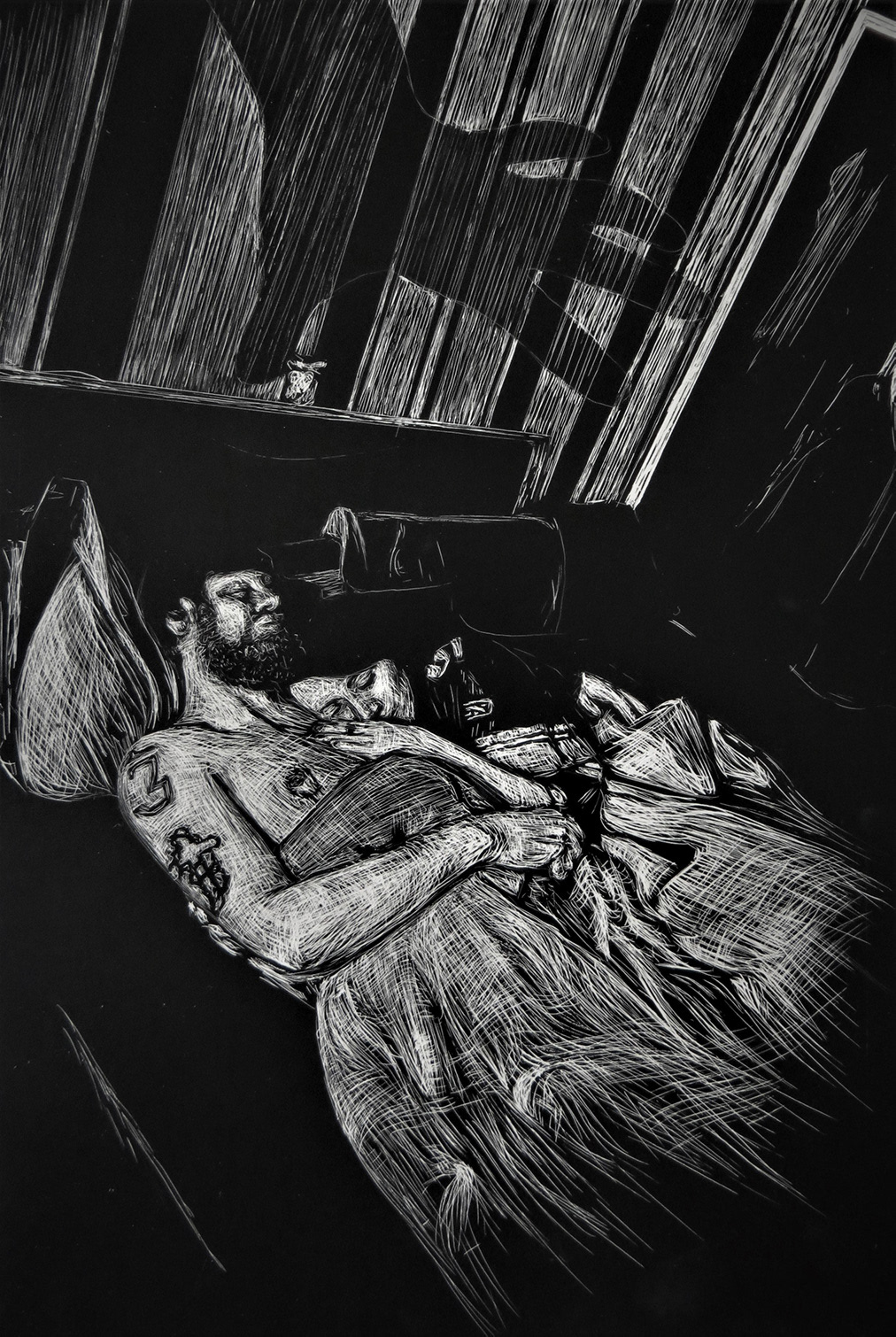 White illustration on black, couple asleep in bed with the shadow of a hand looming over them