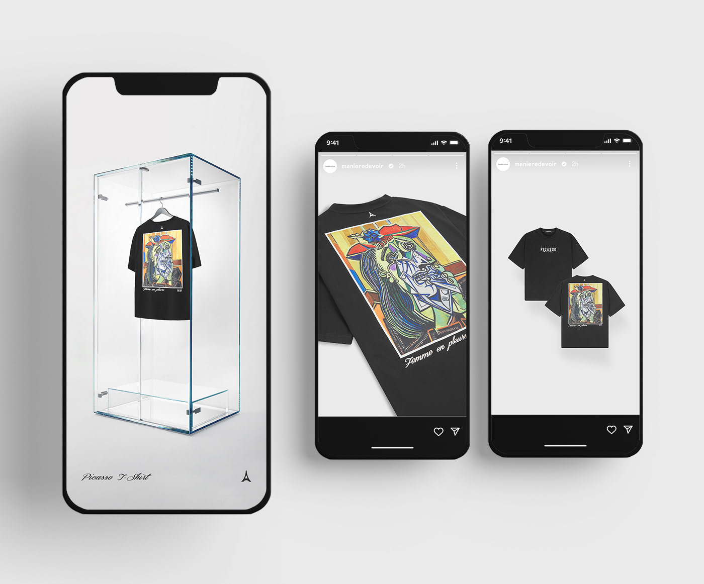 Story showing a Picasso print graphic tshirt displayed in a glass cabinet