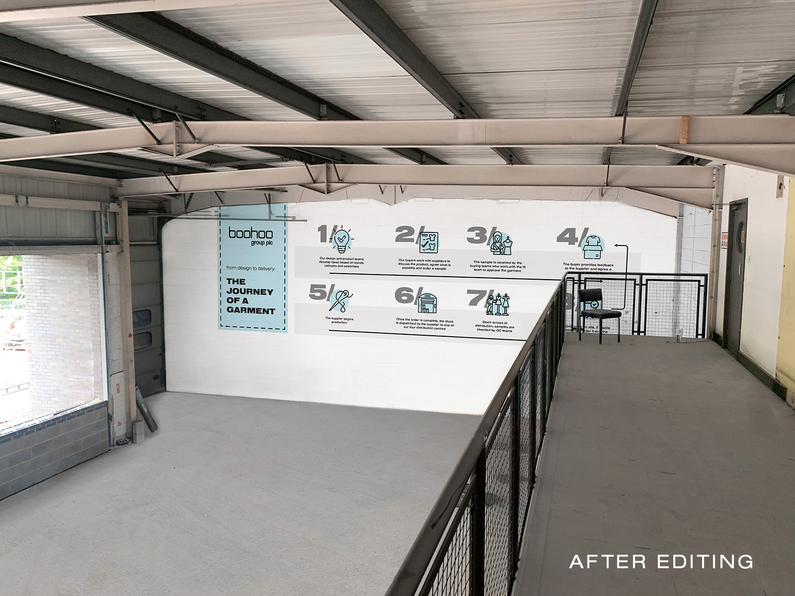 Thurmaston Lane factory floor edited to look finished, clean and with artwork on wall