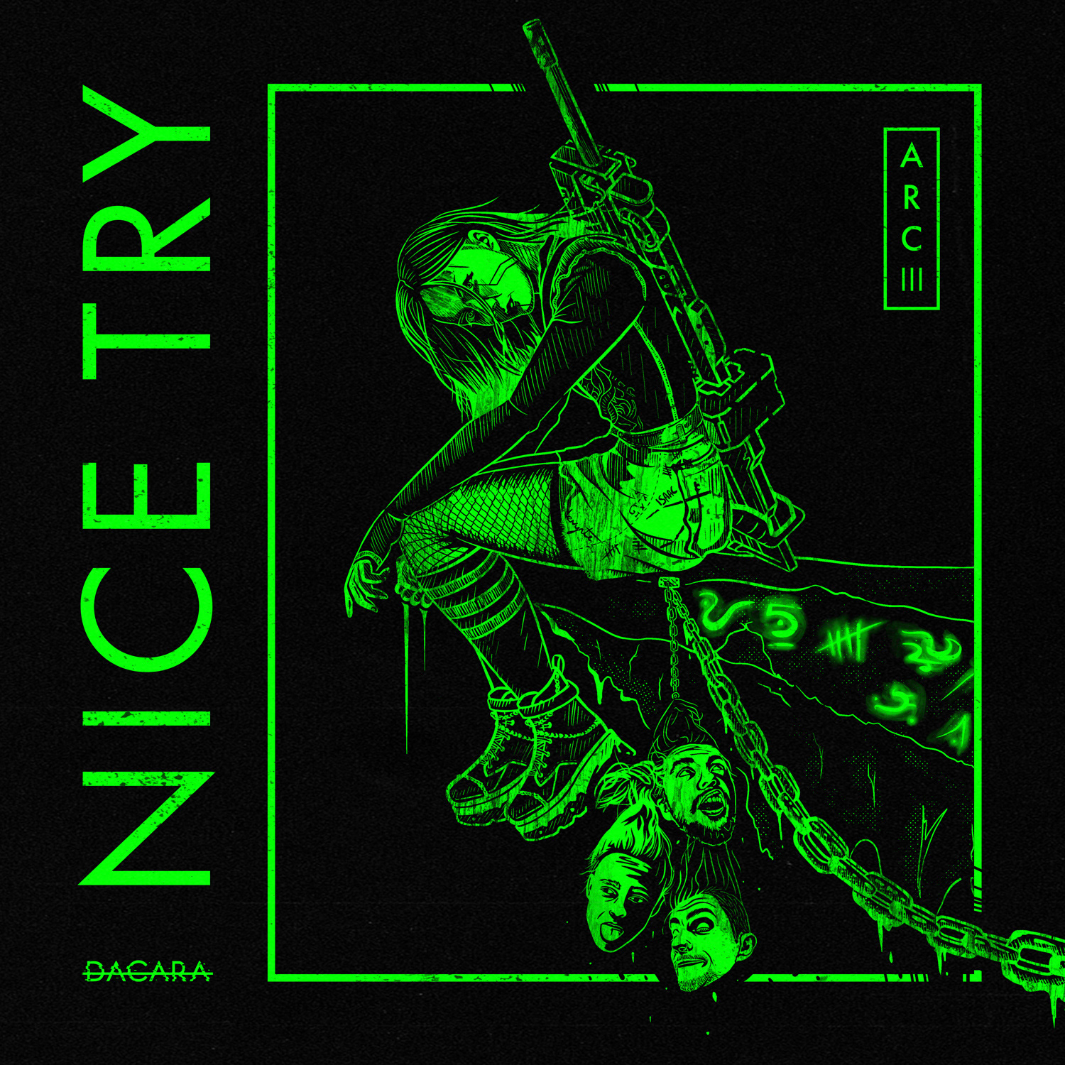 Single artwork for 'NICE TRY' with green illustration of singer Emma