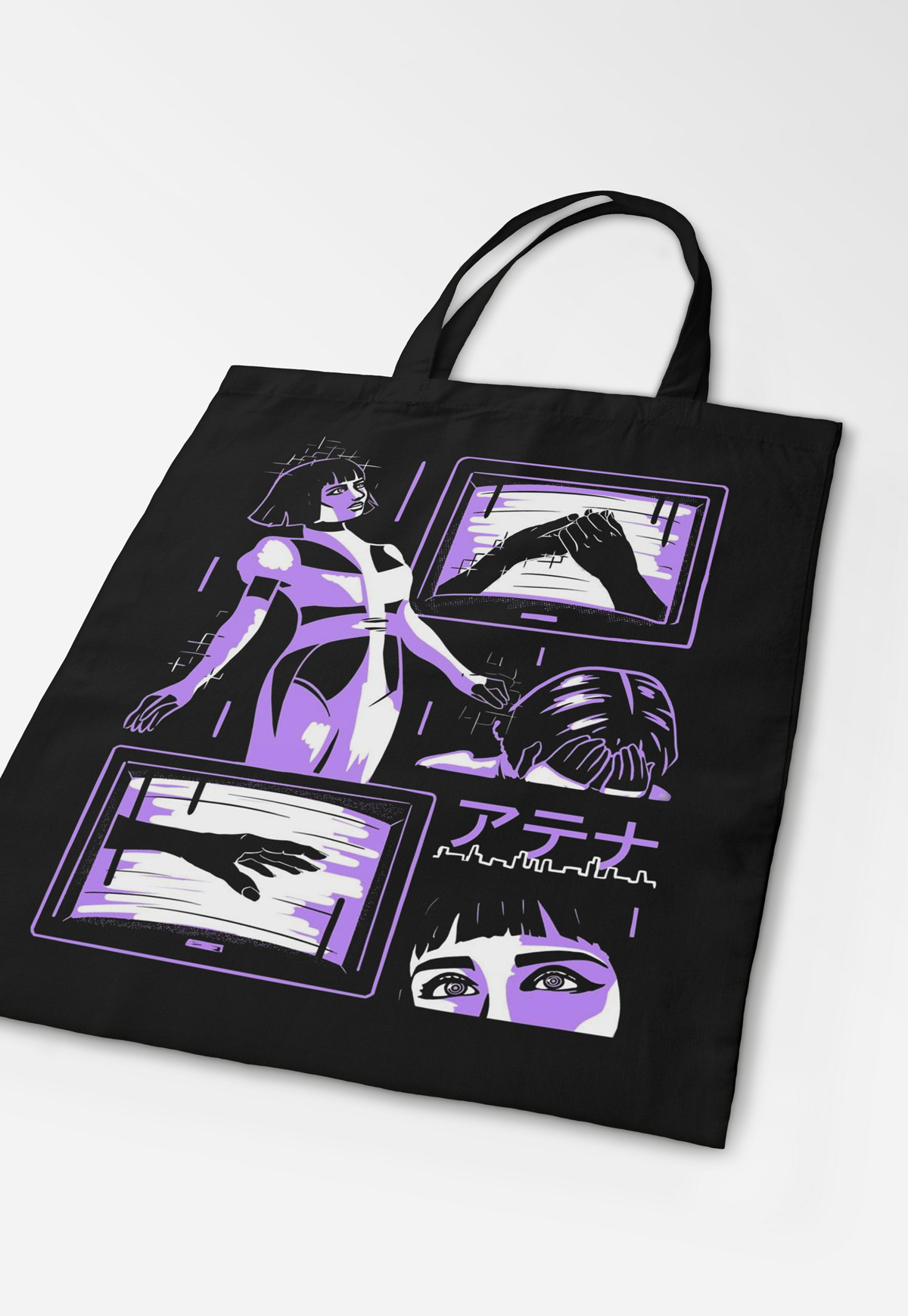 Purple illustrated design on tote bag