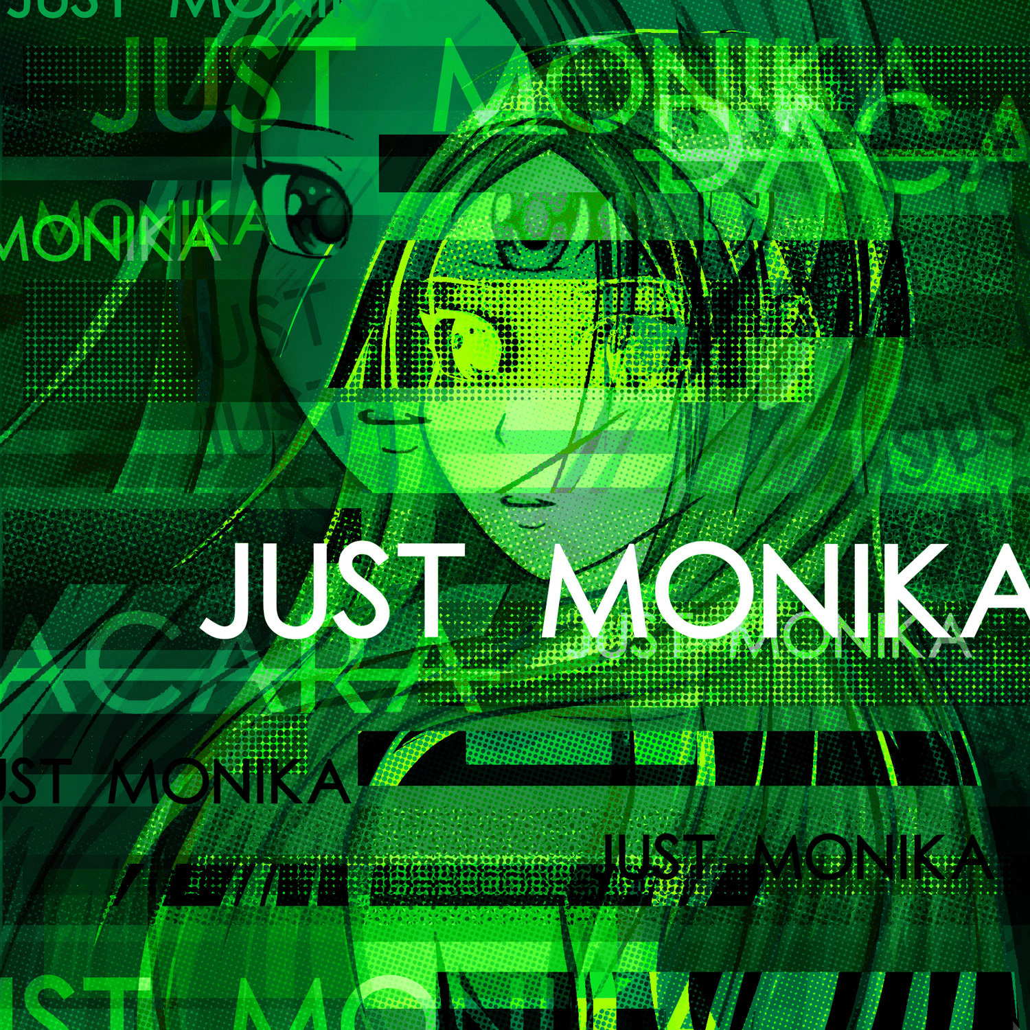 Single artwork for 'JUST MONIKA' with anime girl and glitch effect