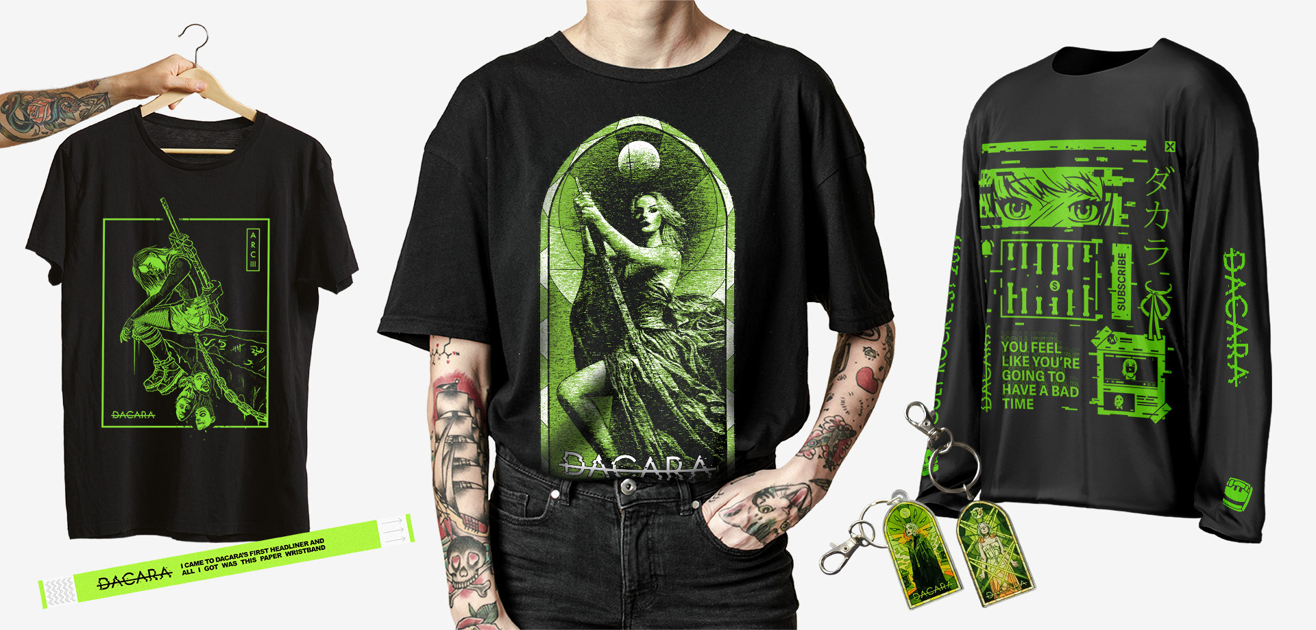 DACARA merchandise including longsleeves, tshirts and keyrings