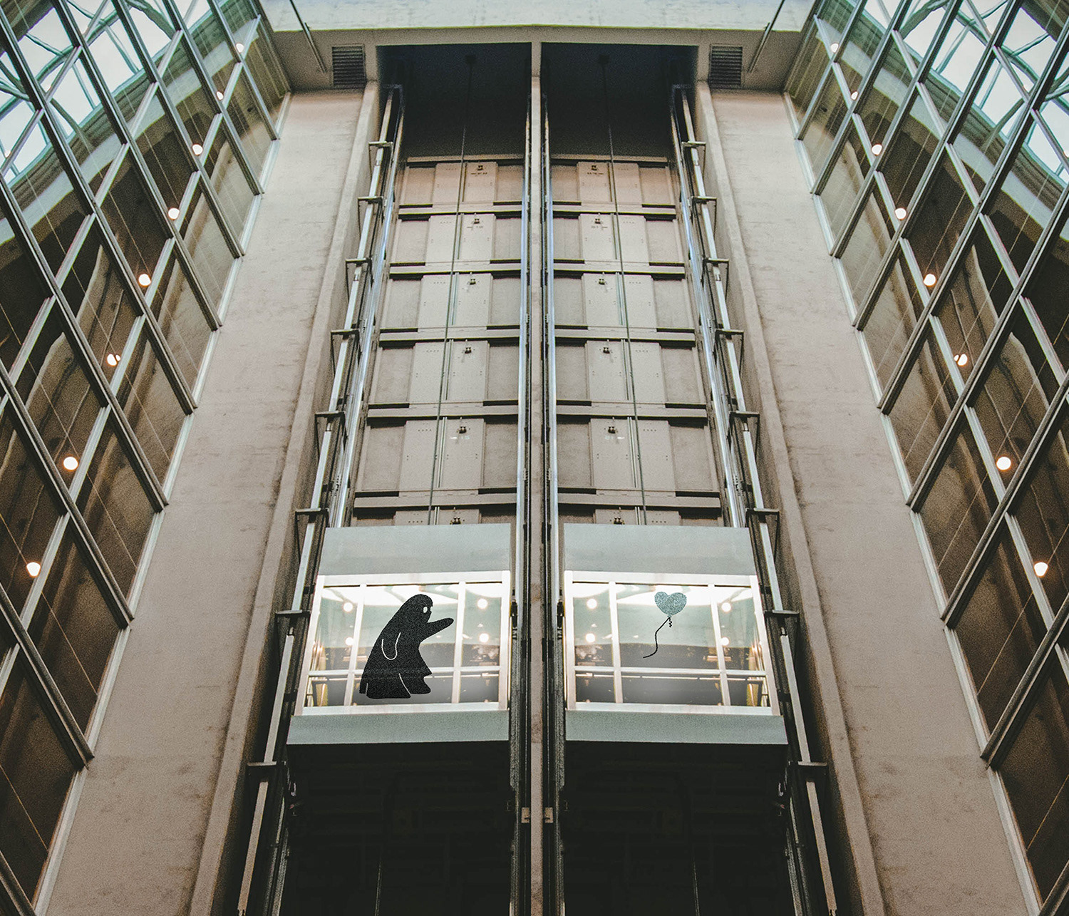 Banksy parody across two parallel lifts